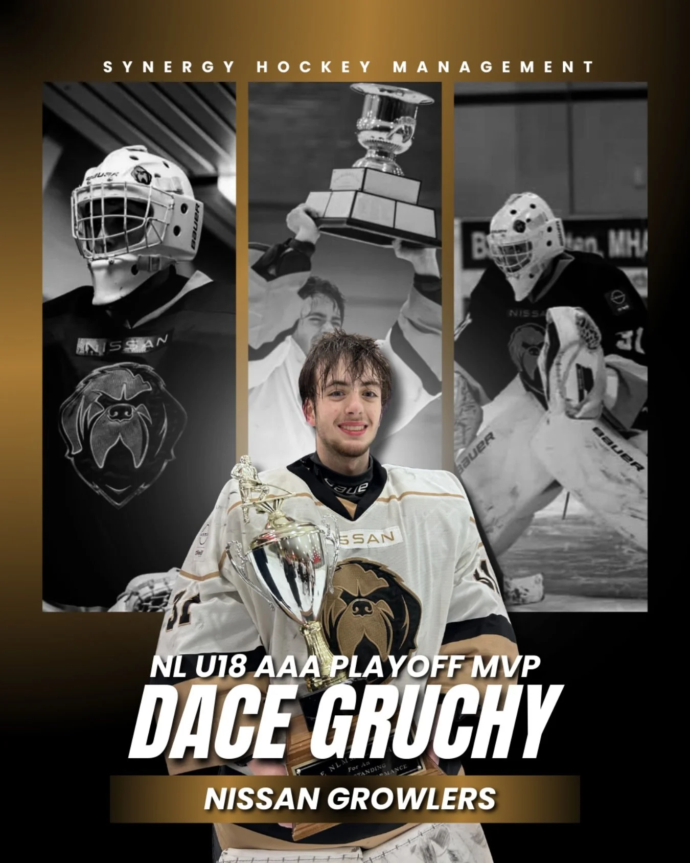 Playoff MVP &ndash; Dace Gruchy 🏆

The Nissan Growlers goaltender finished the playoffs with a 2.54 GAA and .931 SV%, posting an 8&ndash;1 record.
Gruchy backstopped the Growlers to the NL U18AAA Championship, sweeping the East Coast Blizzards in th