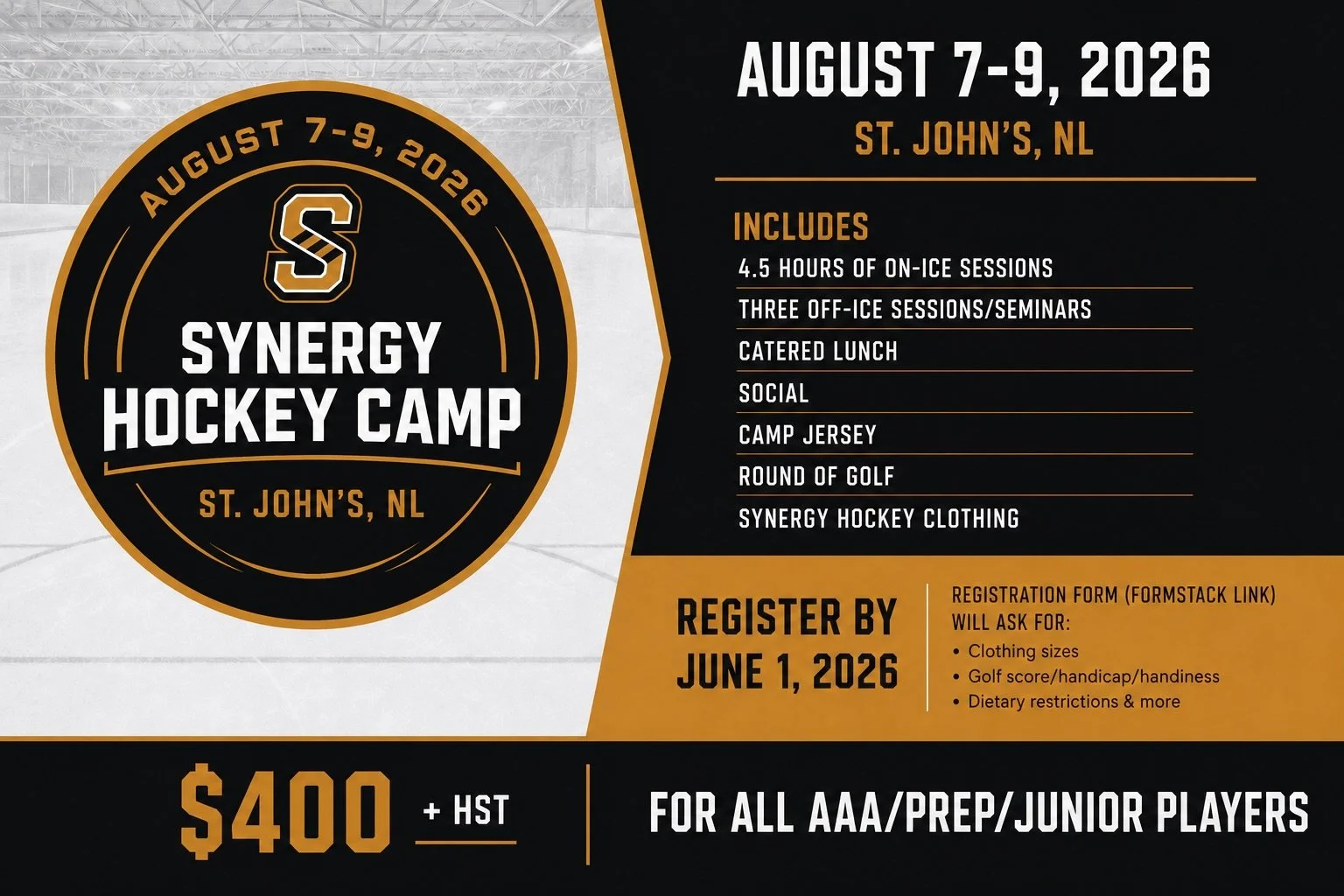 SYNERGY HOCKEY &amp; DEVELOPMENT CAMP
📍 St. John&rsquo;s, NL
📅 August 7&ndash;9, 2026

3 days focused on development, preparation and connection leading into the 2026&ndash;27 season!

Led by Ryan Bessey (#SHM Co-Founder), Tyler Pracek (Hockey Cana