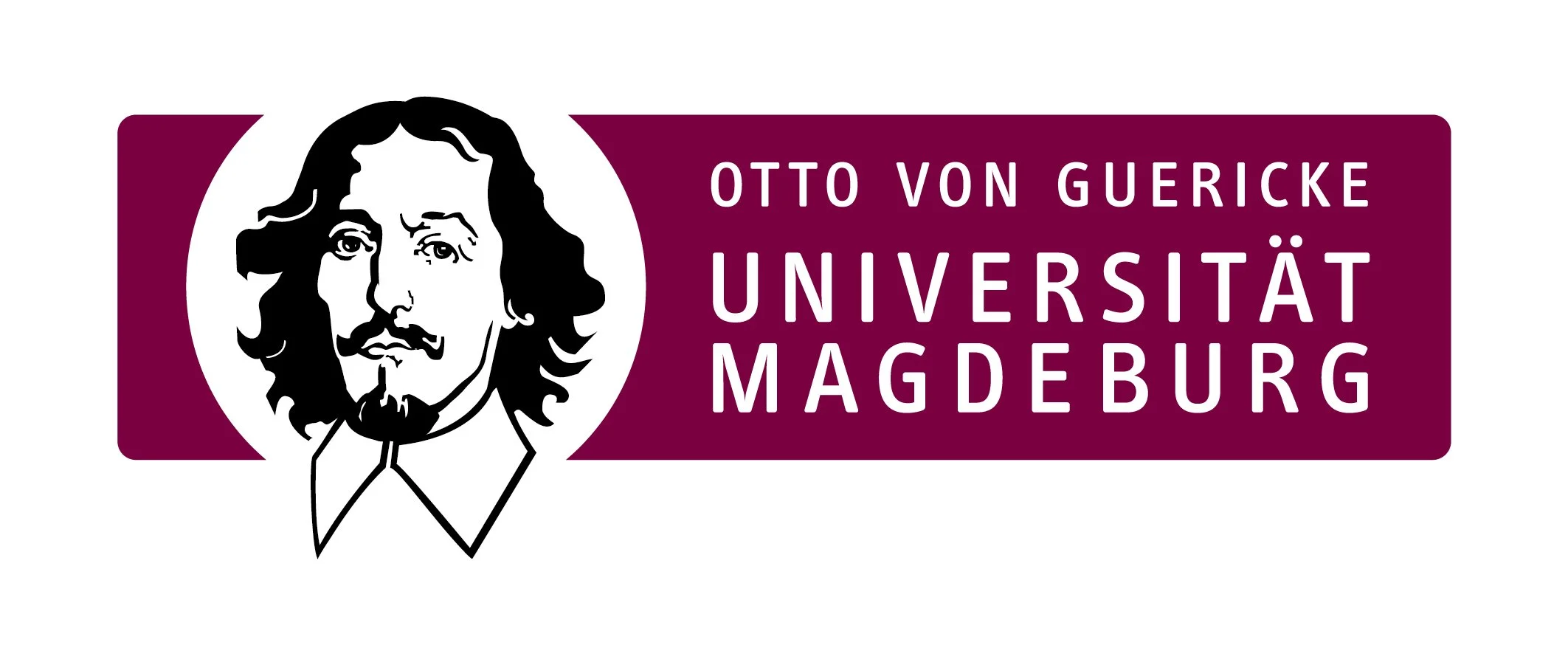Logo der Universität Magdeburg mit einem Portrait von Otto von Guericke auf der linken Seite und dem Namen der Universität in weißem Text auf einem dunklen Weinrot-Hintergrund auf der rechten Seite.