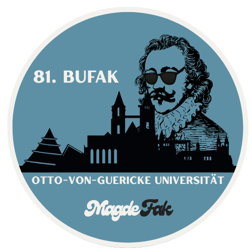 Logo mit Text, das Otto von Guericke mit Sonnenbrille, eine Skyline mit Kirchen und dem magdeburger Dom zeigt, sowie den Text "81. BUFAK Otto-von-Guericke Universität Magdeburg".