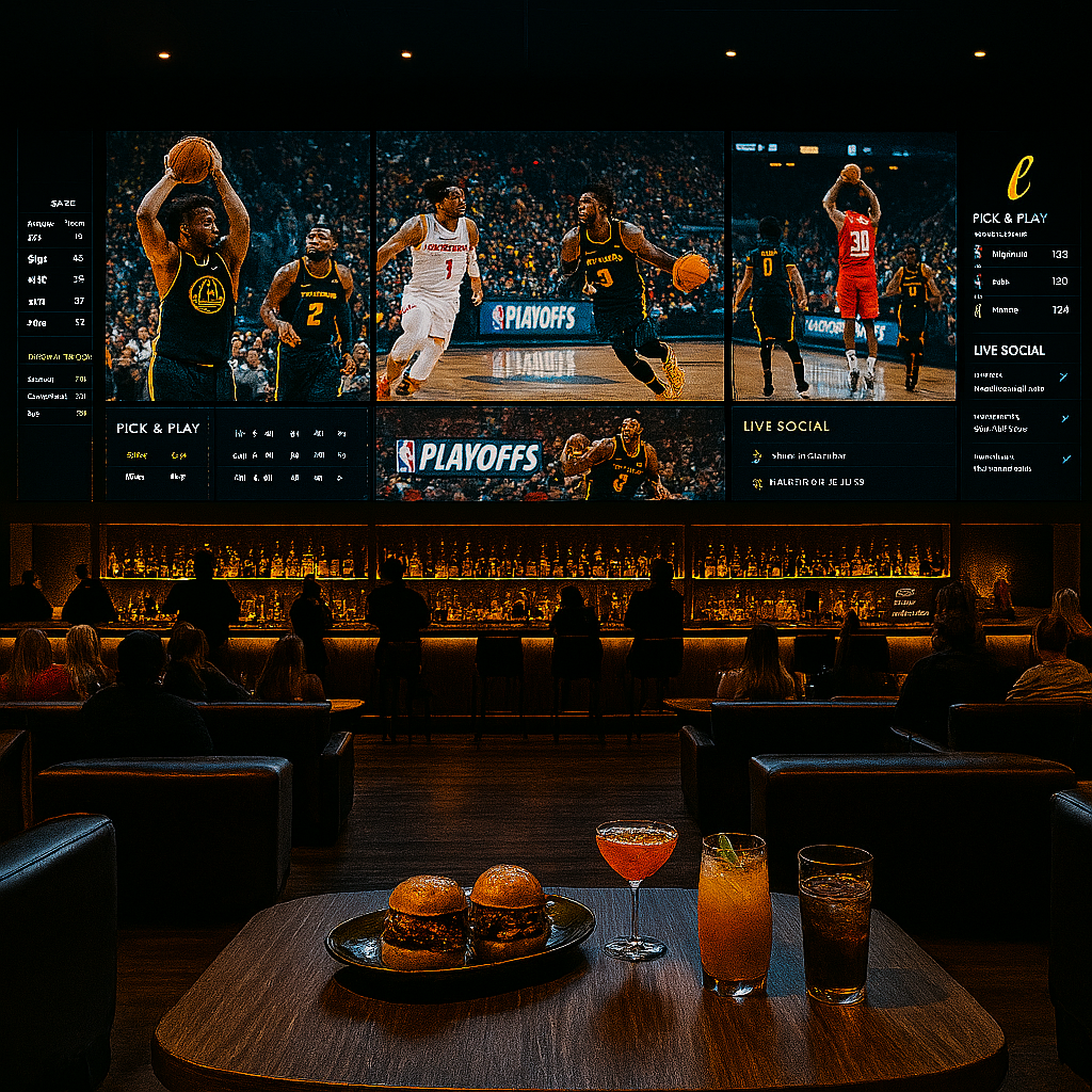 A sports lounge with a large screen displaying a basketball game. There are patrons seated at tables, and some standing at the bar. In the foreground, a table holds two sliders and three cocktails. The dim lighting creates a cozy atmosphere.