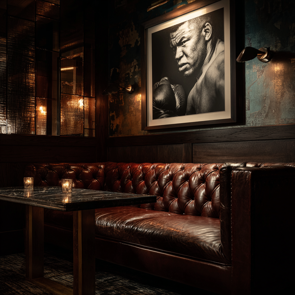 A dark, cozy lounge with a leather tufted booth, a marble-topped table, candle holders, and a large framed black and white photo of a boxer on the wall.