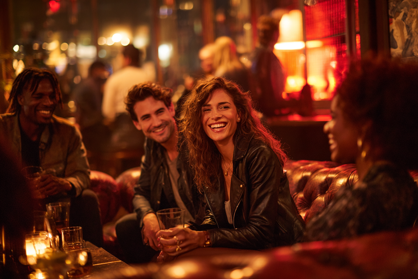 Group of young adults laughing and enjoying drinks at a bar or lounge with warm, dim lighting and a lively atmosphere.