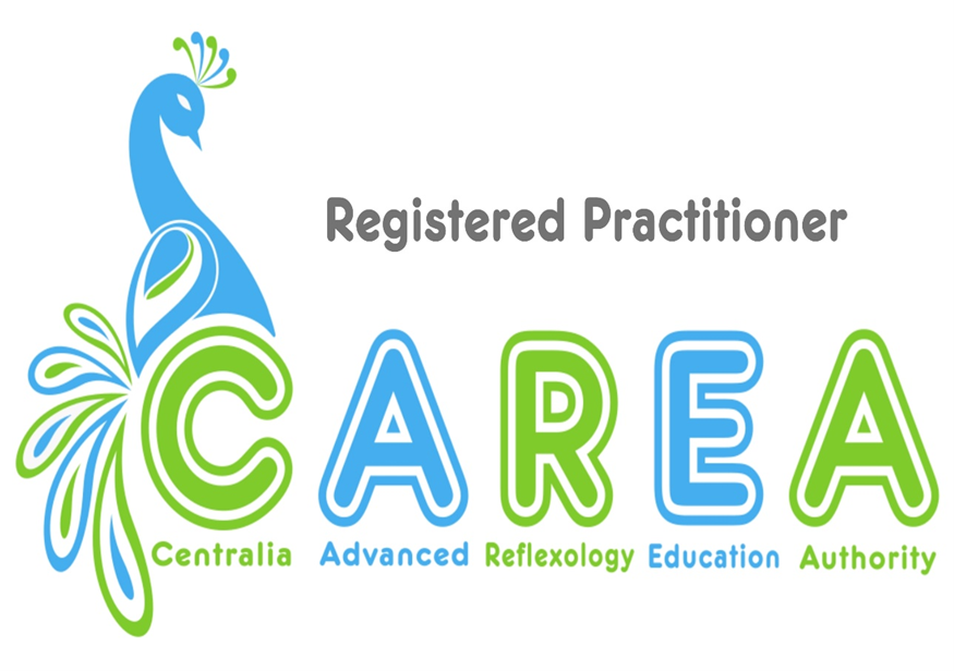 Colorful logo for CAREA, with a peacock illustration, and the words 'Registered Practitioner' above the acronym. The full form of CAREA is 'Centralia Advanced Reflexology Education Authority,' with each word below the acronym.