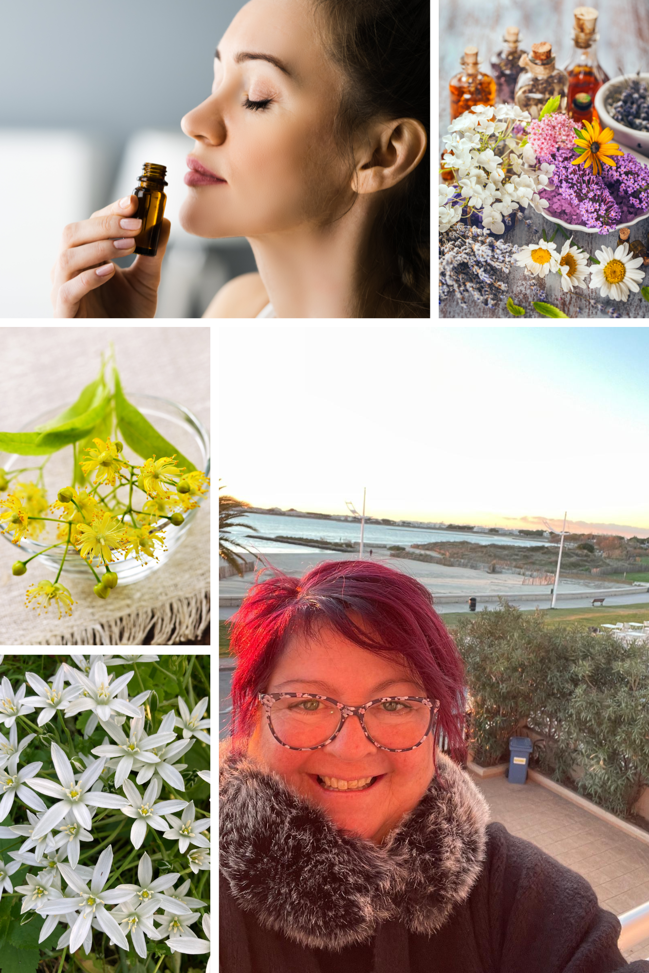 Collage of images including a woman with closed eyes holding a small bottle, herbs and flowers, a glass of yellow flowers, a woman with red hair and glasses smiling outdoors during sunset, white flowers, and an assortment of herbal oils and flowers.