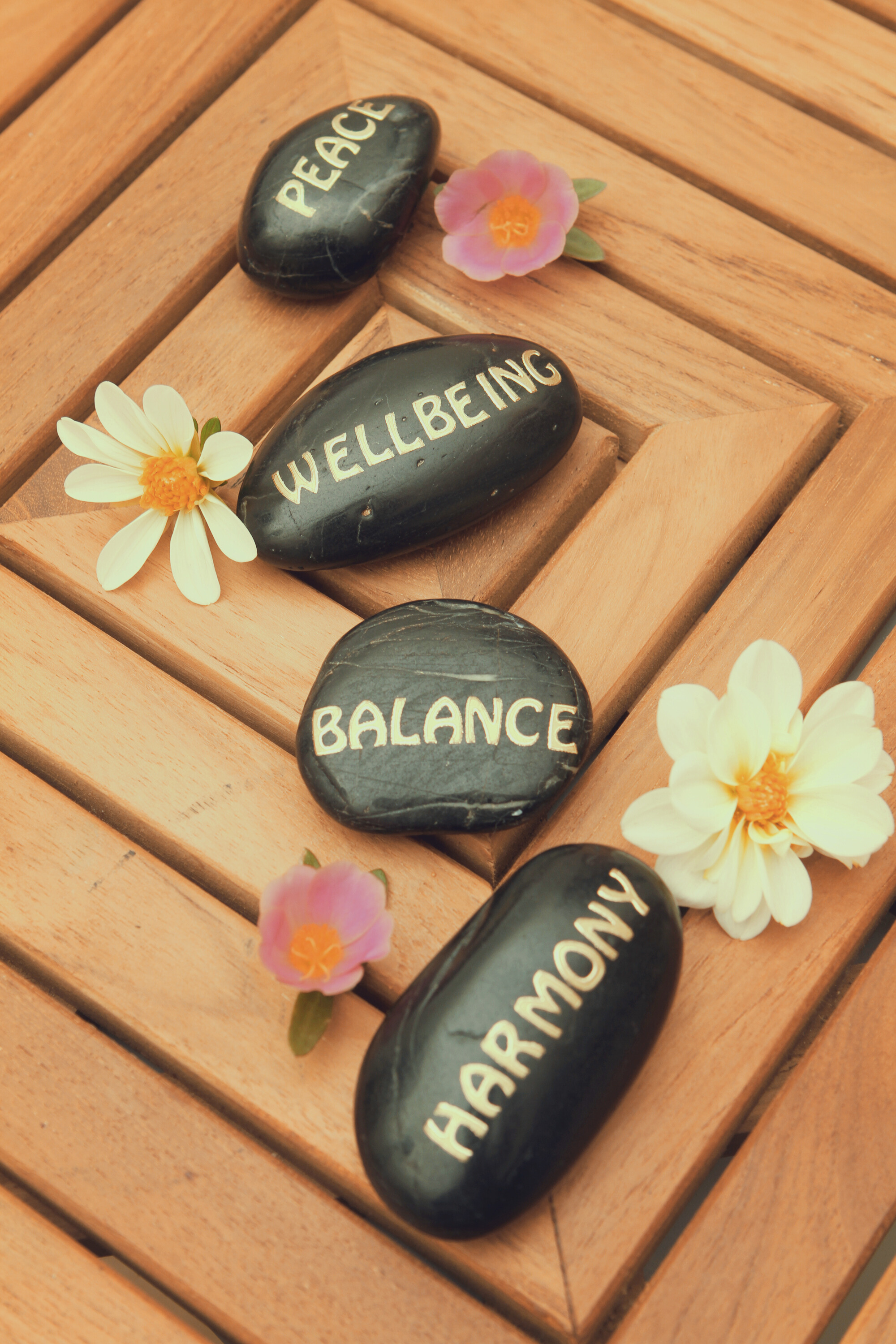 Decorative black stones with words like 'PEACE', 'WELLBEING', 'BALANCE', and 'HARMONY' written on them, placed on a wooden surface with small pink and white flowers around.
