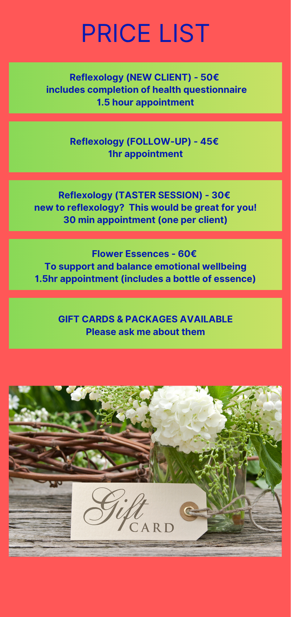 Price list for reflexology and wellness services with a background of white flowers in a jar and a gift card on a wooden surface.