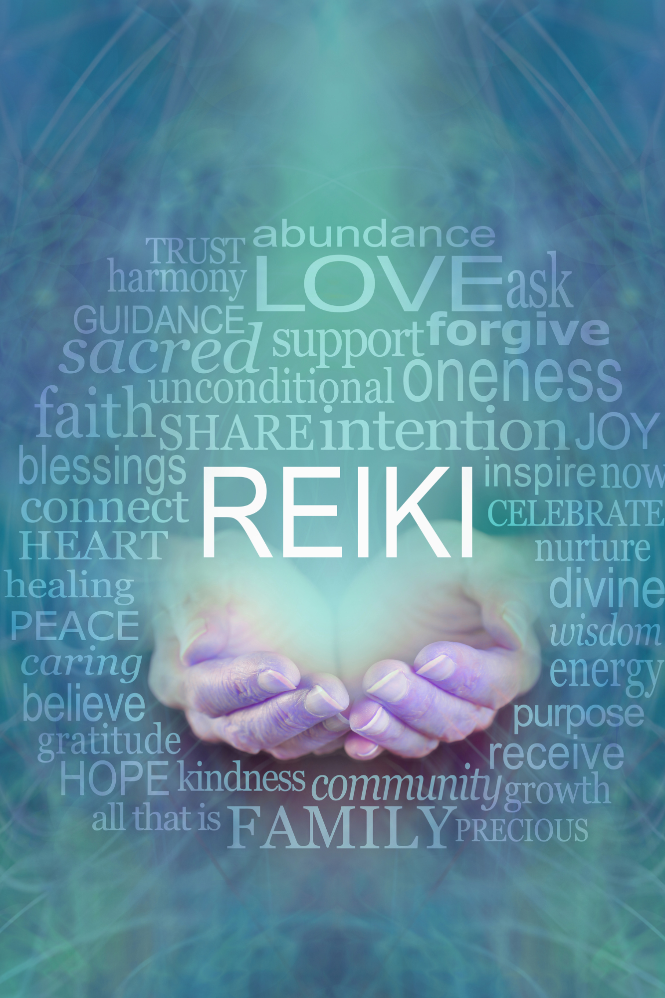 A pair of hands with palms up, surrounded by a collage of words related to Reiki and spirituality, including 'LOVE', 'FAMILY', 'REIKI', and 'blessings'.