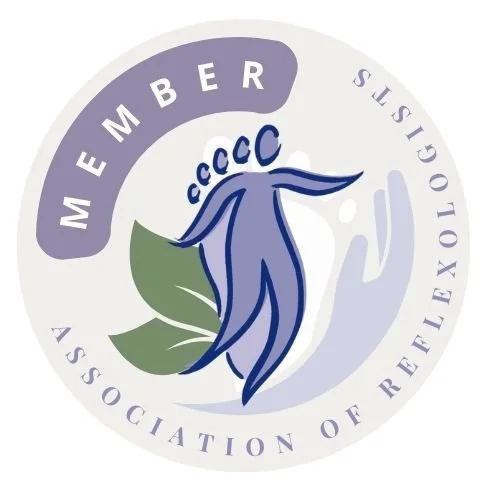 Circular logo with purple and green colors, featuring a stylized blue flower and leaves, and the text 'MEMBER SISOX' and 'ASSOCIATION OF REFLEXOLOGISTS' around the circle.