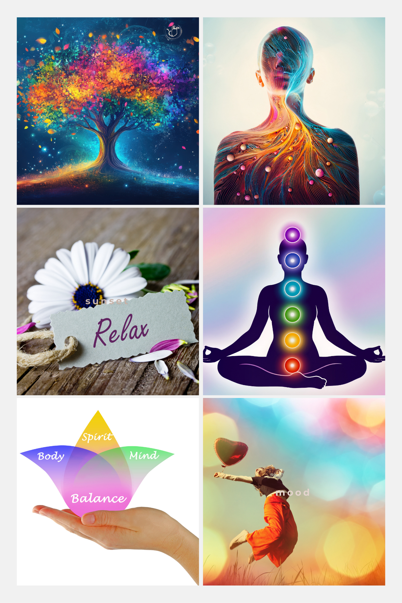 Collage of six images: a colorful abstract tree, a person's back with vibrant swirling patterns, a daisy with a 'Relax' sign, a silhouette meditating with chakra points, a hand holding a diagram of mind, body, spirit balance, and a woman jumping with a heart-shaped balloon.