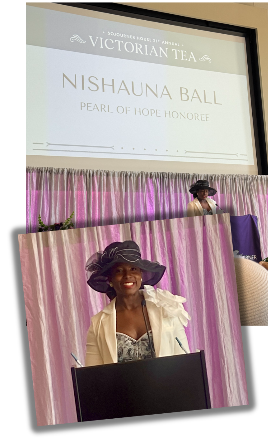 Nishauna Ball speaking at a podium during the Sojourner House 21st Annual Victorian Tea event. She is wearing a large black hat with decorative details and a cream-colored jacket with a floral dress underneath. The background features pink curtains and a large screen displaying her name and recognition as a Pearl of Hope honoree.
