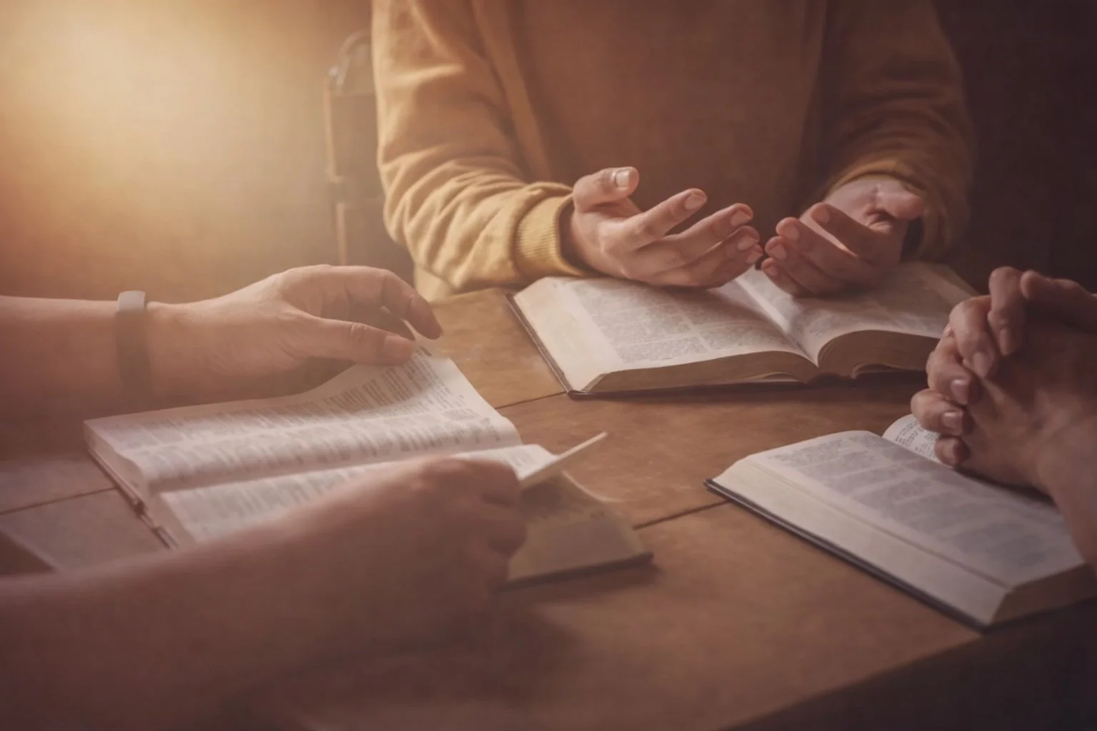 People sitting around a table with open Bibles, engaged in discussion or prayer.