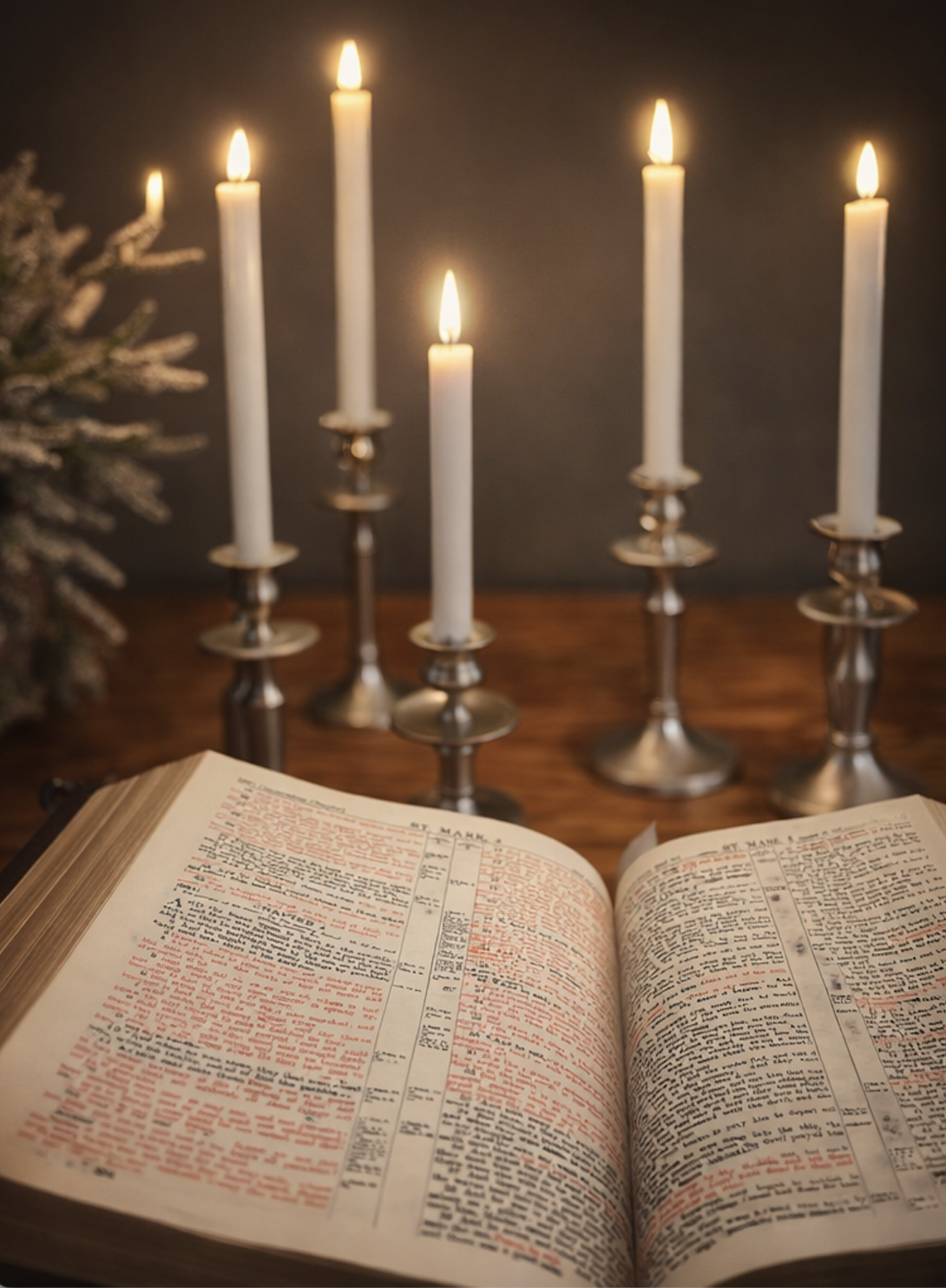 An open Bible with highlighted text, five lit candles in candle holders, and a small pine branch on a wooden table.
