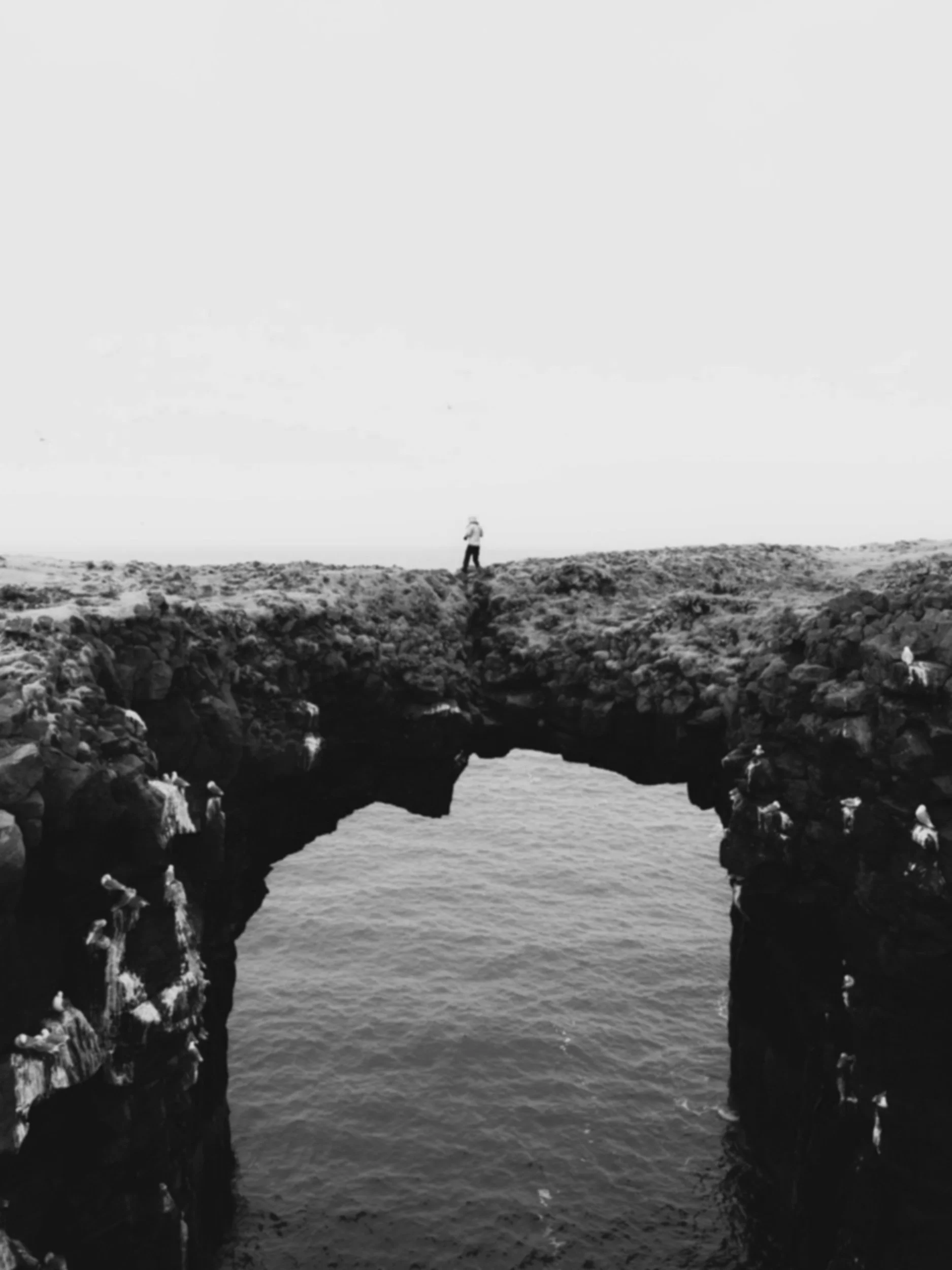 A person standing on top of a natural rock formation with an arch, overlooking the water below in black and white.