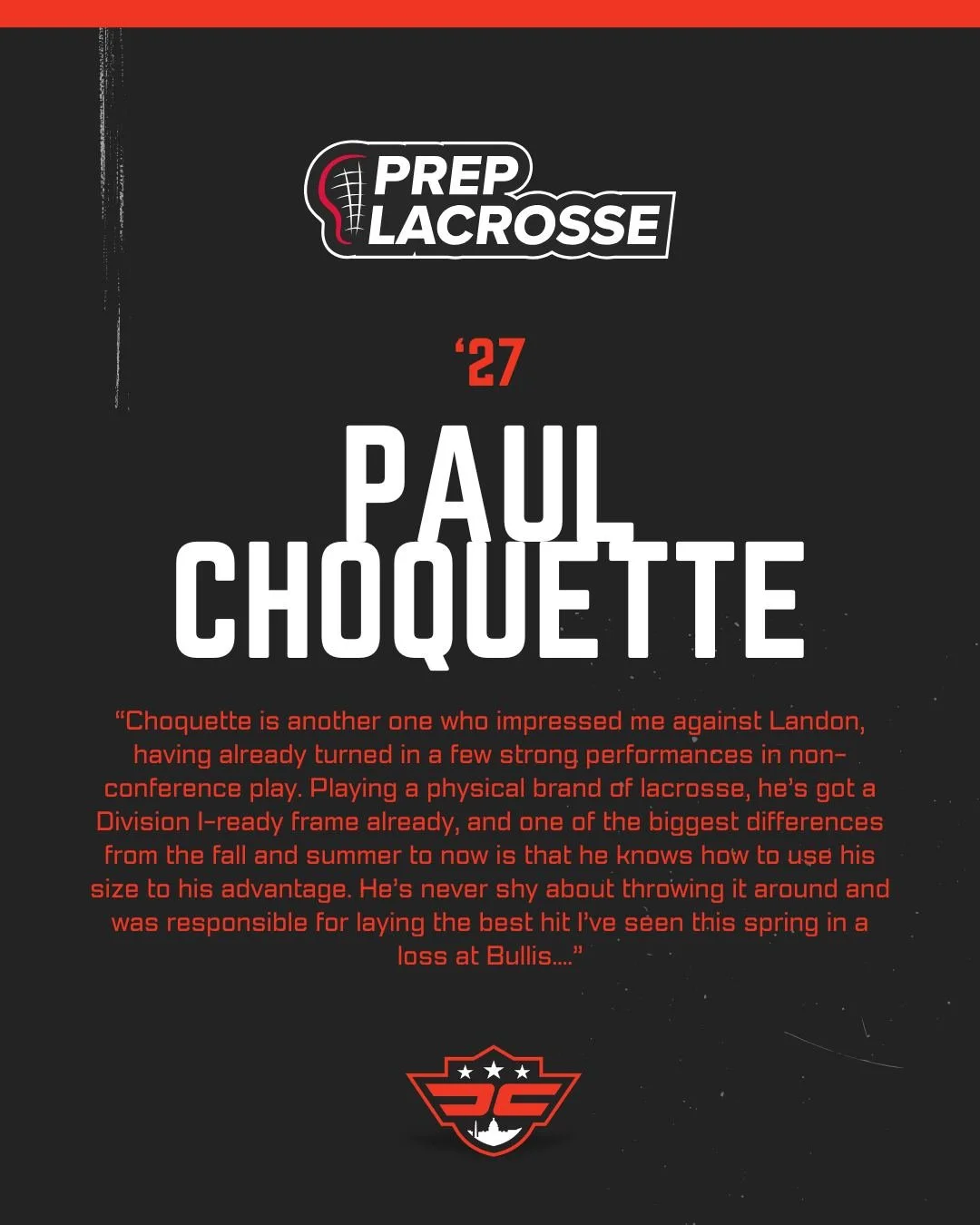 Congrats to @paul_choquette33 ('27 Black) on his feature in @prep.lacrosse's highlight of Uncommitted &rsquo;27s Making a Splash. 

Keep going. 💪