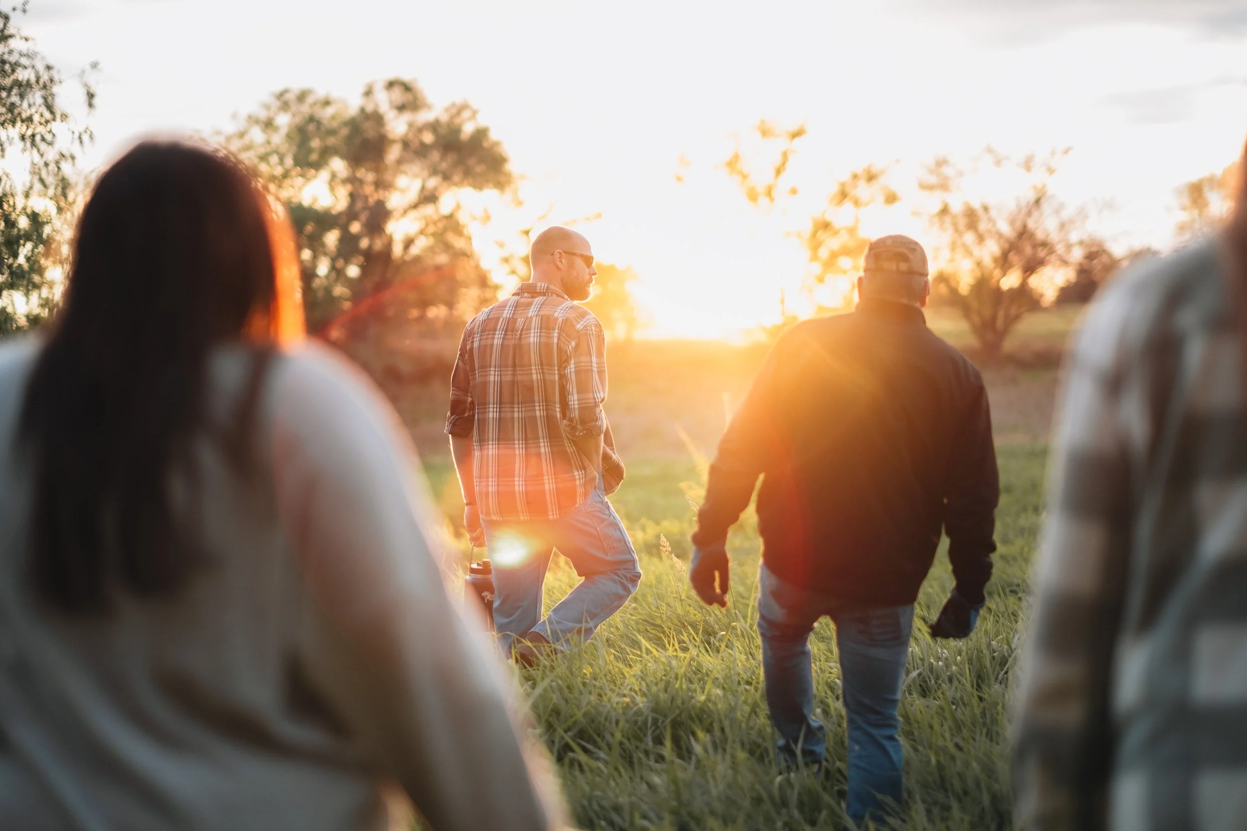 People walking through a grassy field during sunset, with trees in the background.