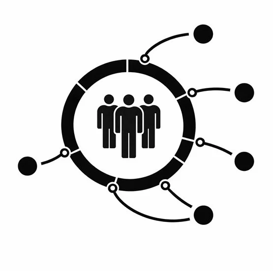 Graphic depicting a central group of three people surrounded by a circular diagram with connecting lines and dots.