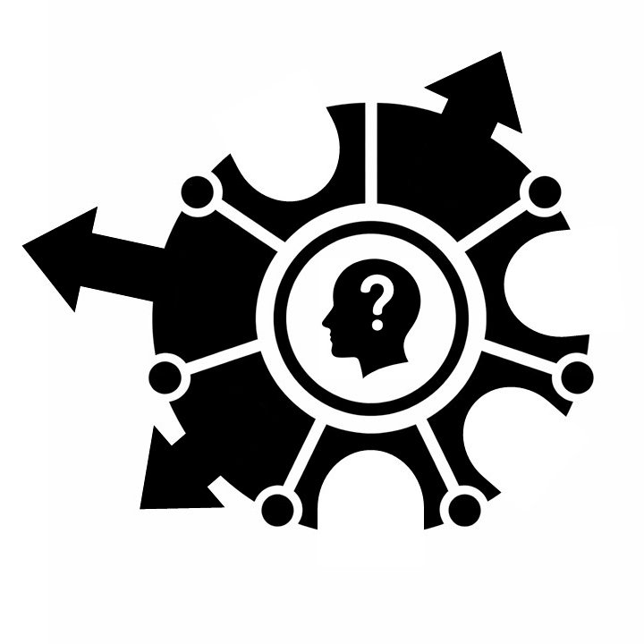 A graphic illustration of a human head silhouette with a question mark inside, surrounded by interconnected gears with arrows, representing thinking or decision-making.