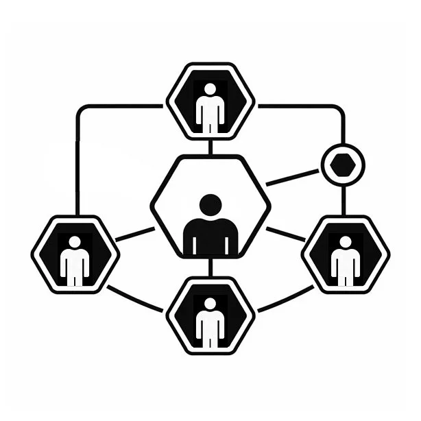 Diagram showing a central person connected to four surrounding people with lines, representing a network or relationship.