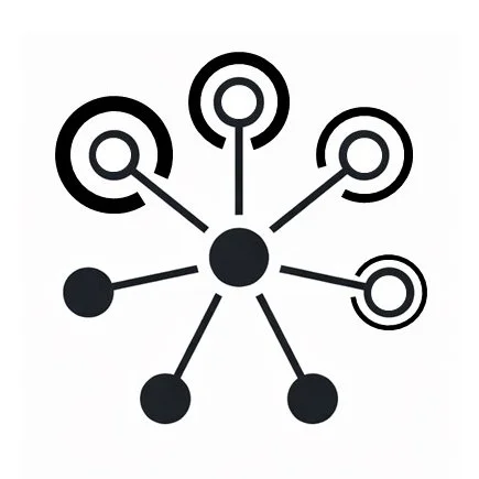 Diagram with a central black circle connected to seven black circles with lines, some circles have concentric rings.