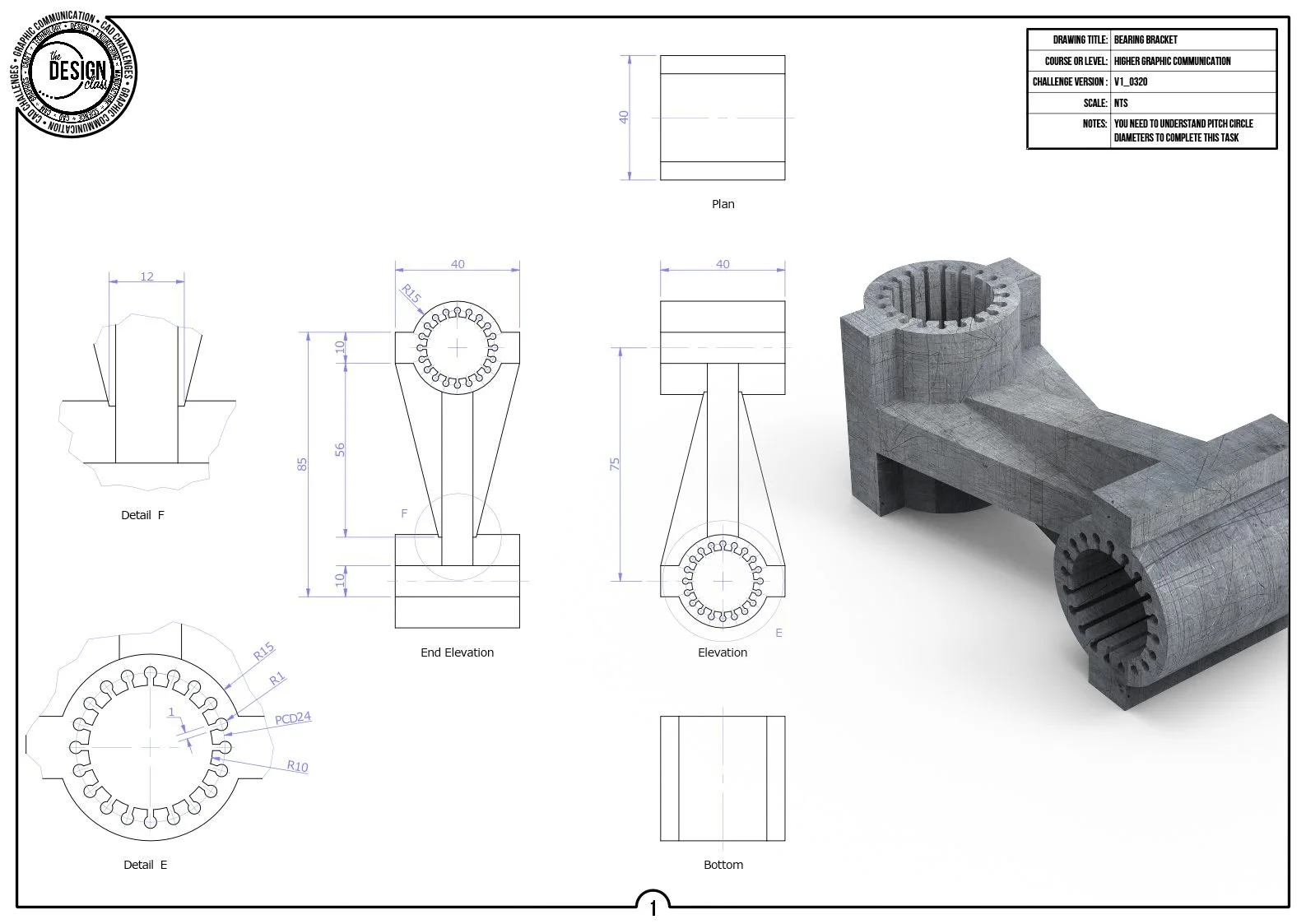 Technical drawing and 3D model of a bearing bracket, including detailed views, front, side, bottom elevations, and a plan view, with dimensions and annotations.