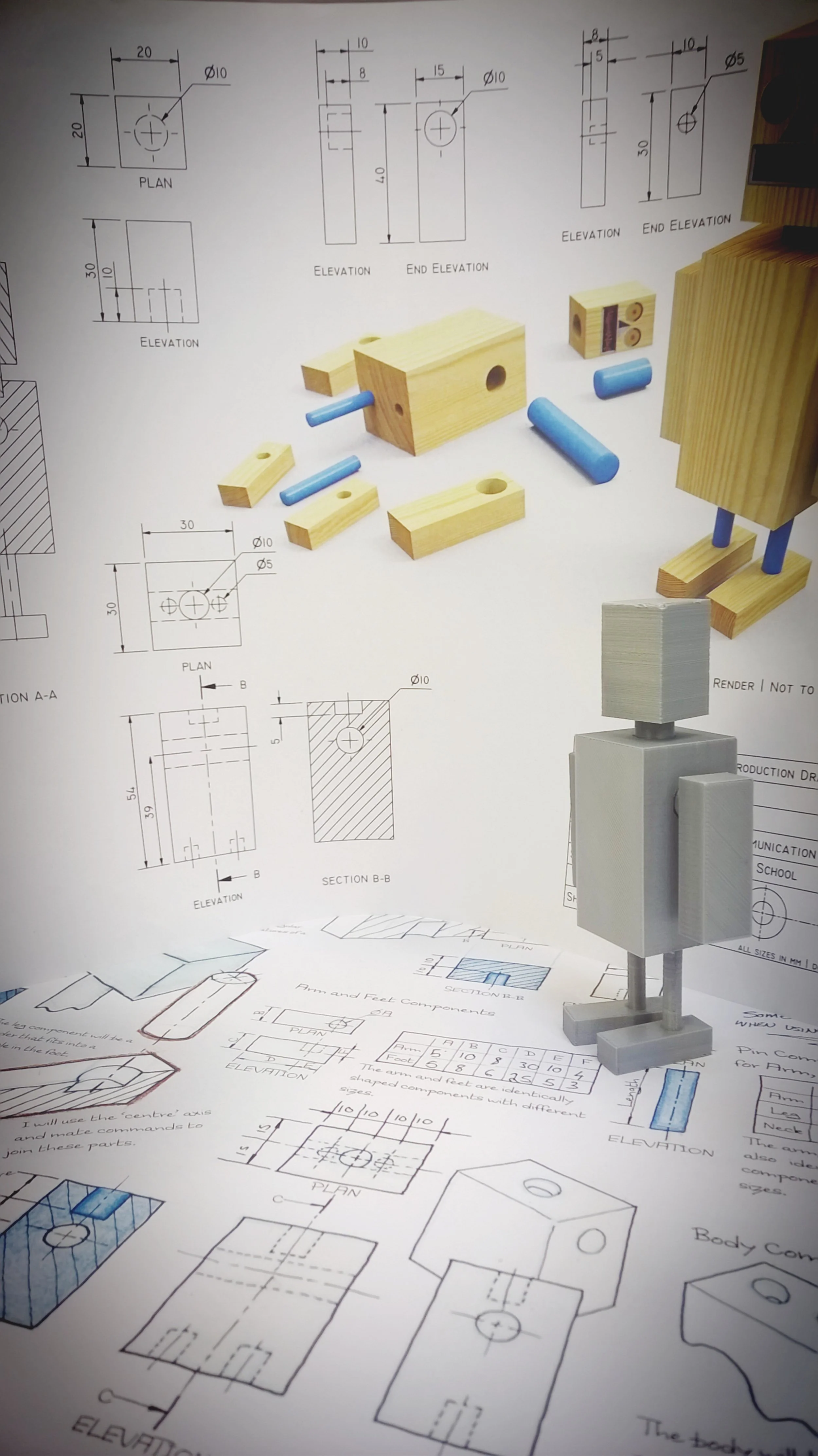 Technical sketches and drawings of a small plastic robot