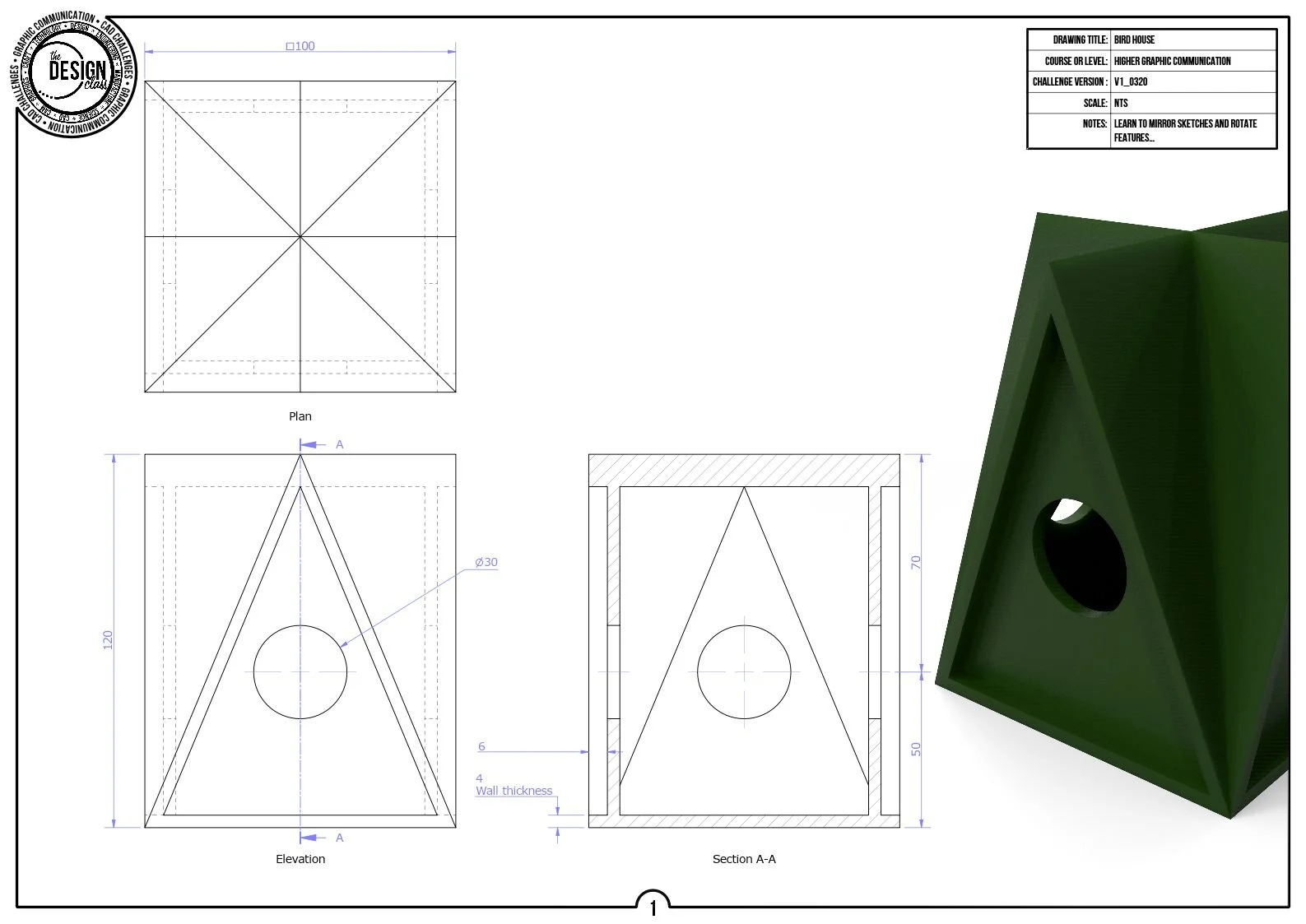 Technical drawing of a birdhouse, including plan, elevation, and section views, with dimensions and a 3D rendering of the birdhouse in green.