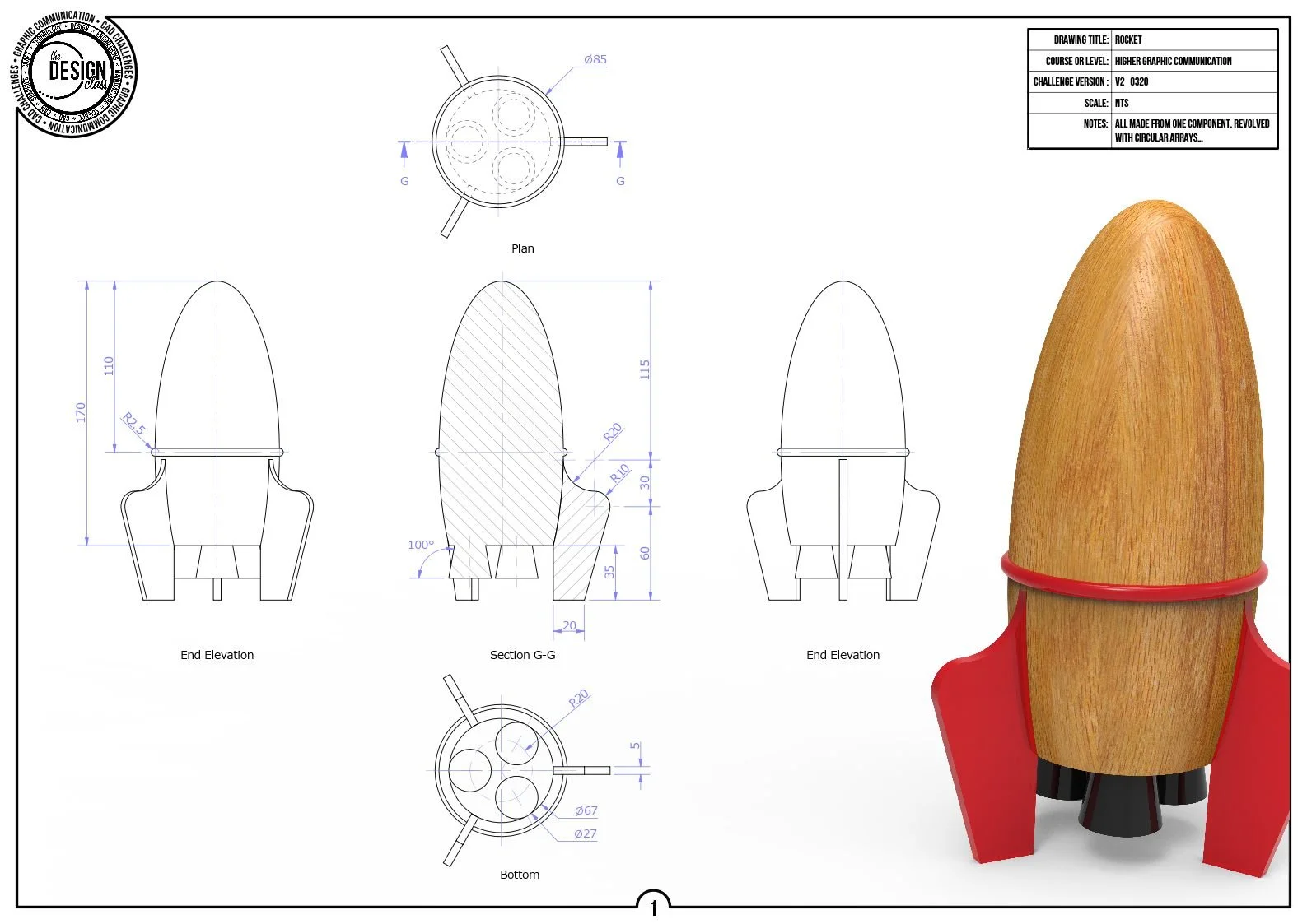 Technical drawing of a rocket-shaped object with detailed measurements, side and top views, and a 3D rendered model of the wooden rocket with red accents.