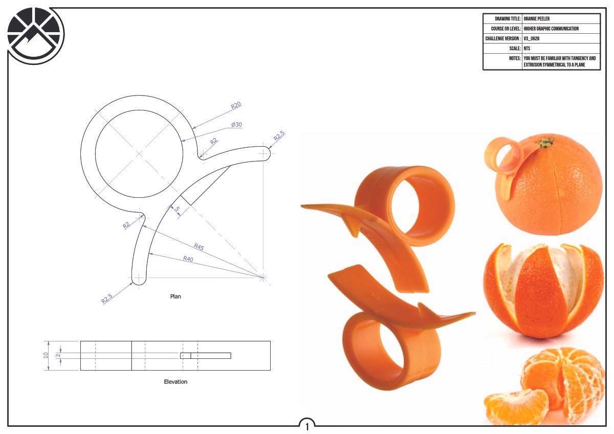 Orange Peeler CAD modelling task technical drawing