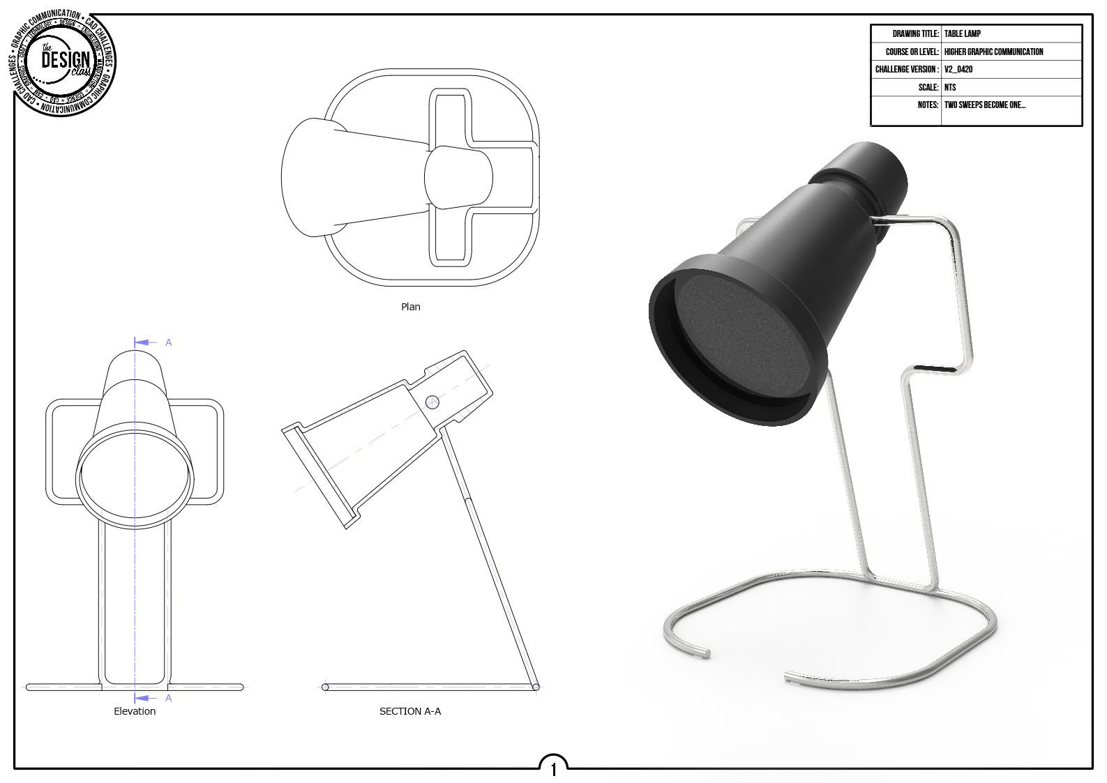 Technical drawing and 3D rendering of a table lamp with a cylindrical black light and a metal stand.