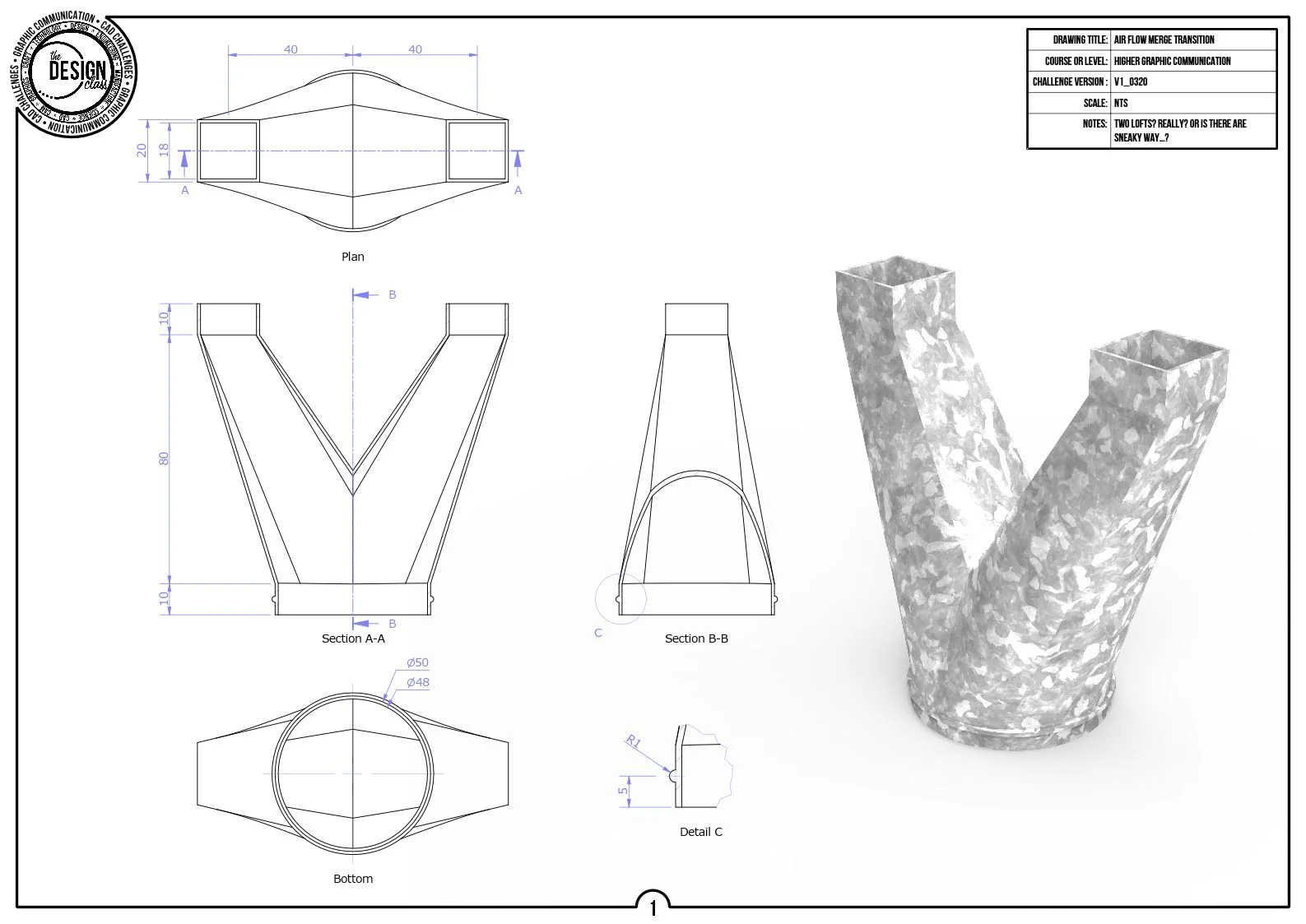 Technical drawing of a V-shaped structure with plans, sections, and detailed measurements, rendered in black and white, with a 3D textured V-shaped object in gray.