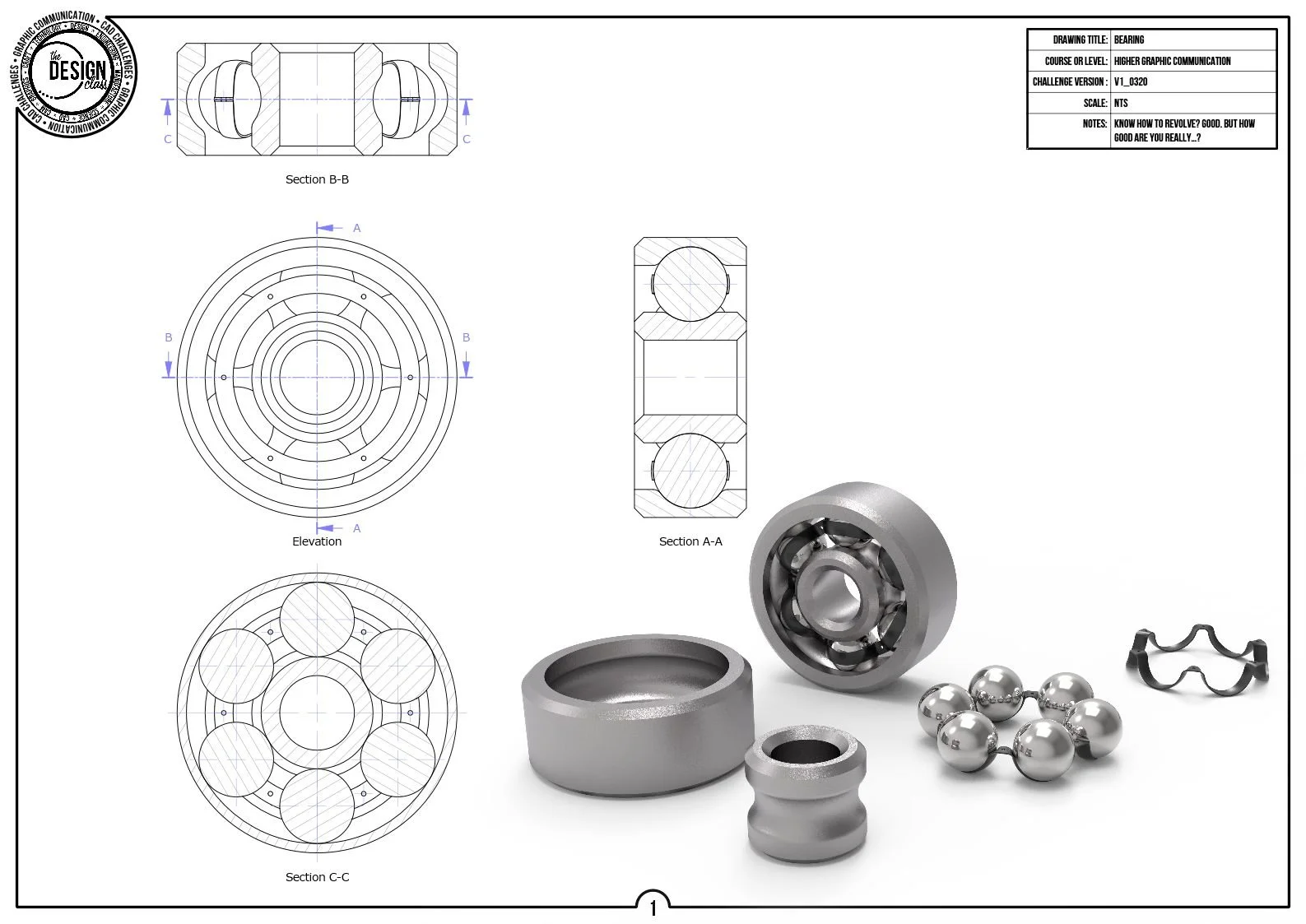 Technical drawing and 3D renderings of a bearing, including multiple cross-sectional views, top view, and a perspective view, with several metal bearing components and a ball bearing assembled device.