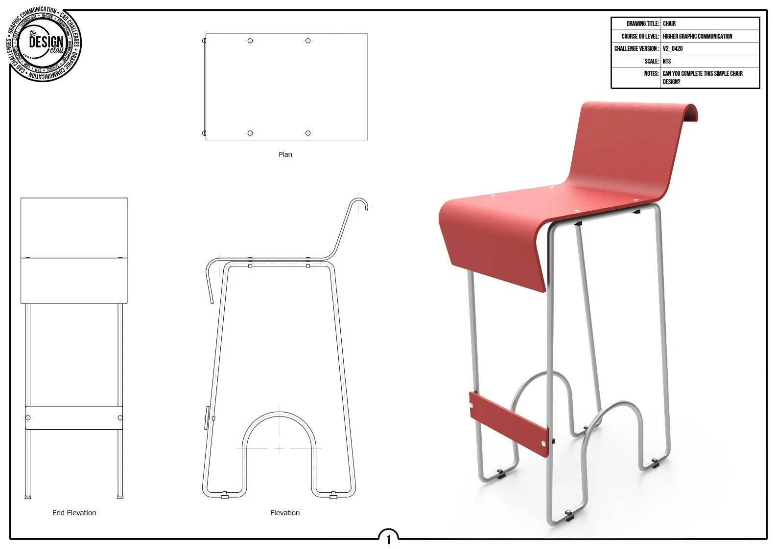 Design drawing of a modern chair with a pink seat and backrest, and a metal frame, includes technical sketches and a rendered 3D view.