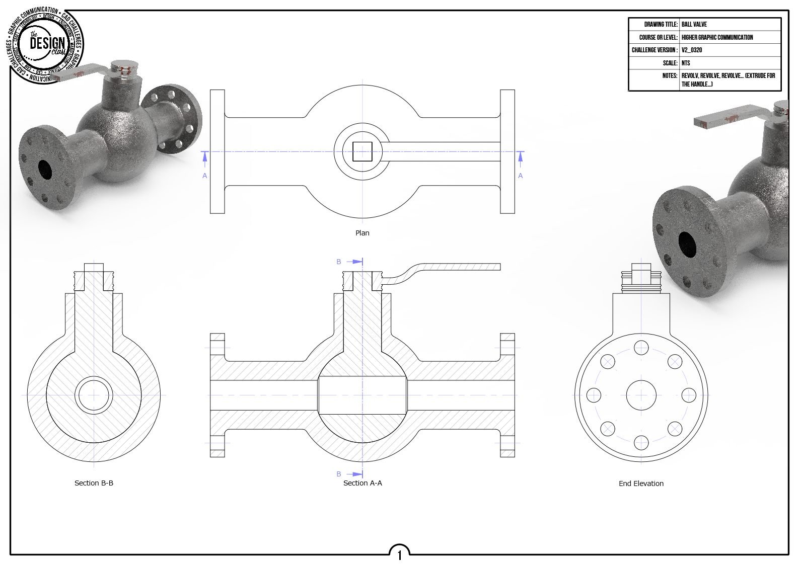 Technical drawing of a ball valve with a photograph of the valve on the top corners, including various views: plan, section B-B, section A-A, and end elevation. The drawing contains notes, labels, and a title block.