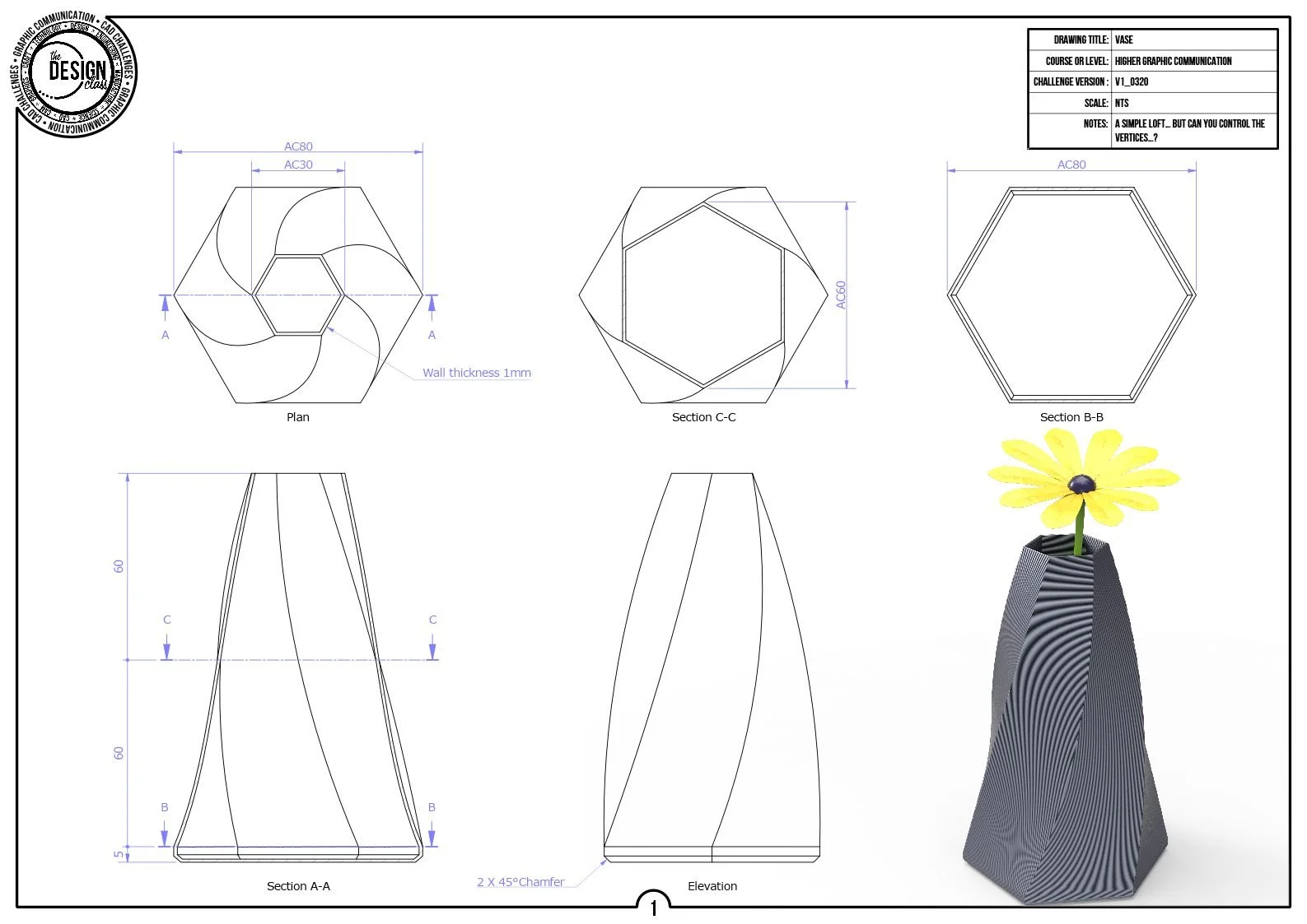 Technical drawing of a vase with multiple views including plan, sections, elevation, and a color rendering of the vase with a yellow flower on top.