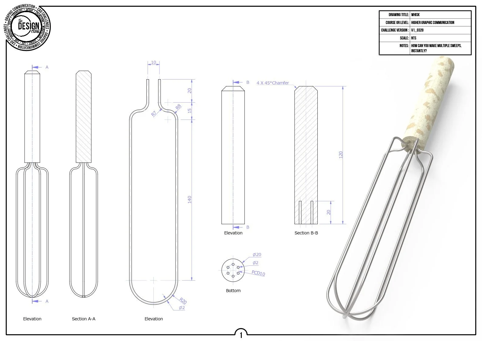 Technical drawing of a kitchen whisk with detailed views including elevation, section, and bottom view, alongside a 3D render of the whisk with a handle.