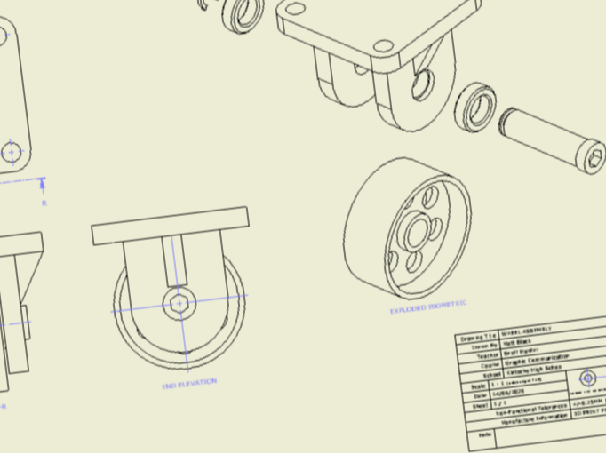 An image of a engineering drawing of a wheel and bracket