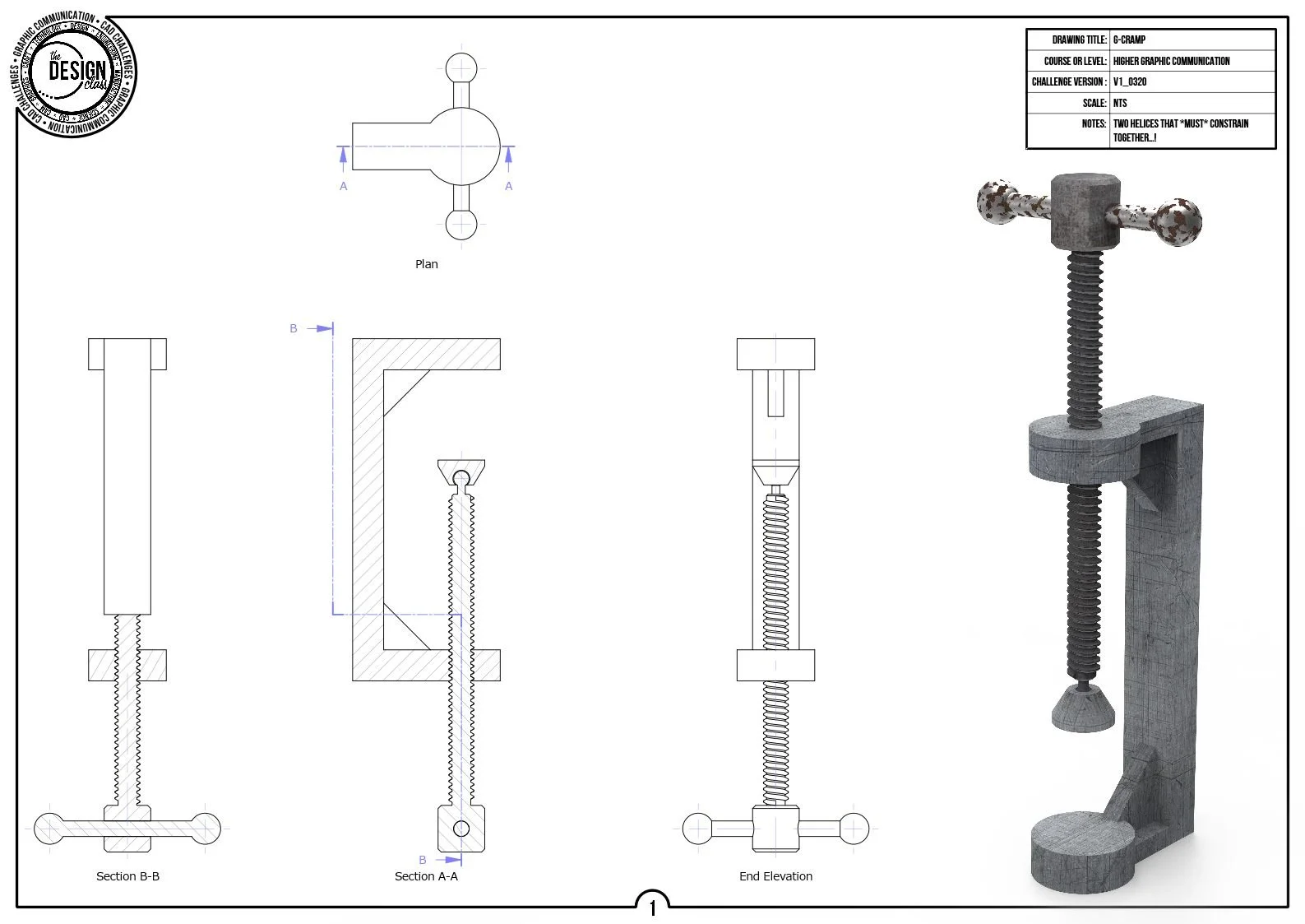 Technical engineering drawing of a clamp with detailed sections and a 3D rendering of the clamp.