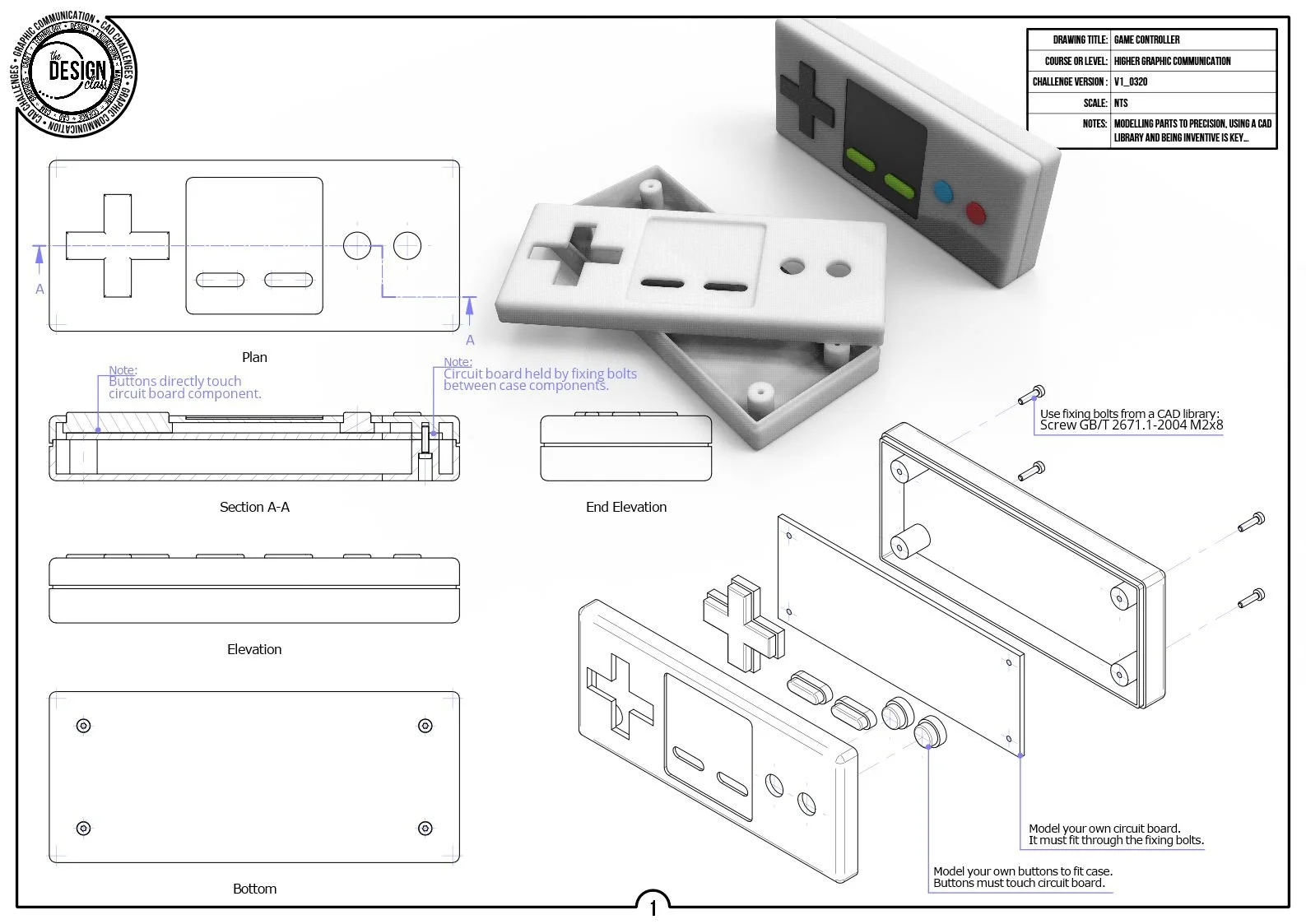 Technical drawing and 3D model of a retro gaming controller with labeling of parts and assembly instructions.
