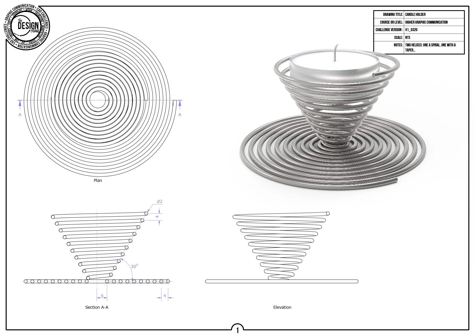 Technical drawing of a candle holder made from coiled metal wire, including plan view, section, and elevation views, with a 3D render of the candle holder in the top right corner.