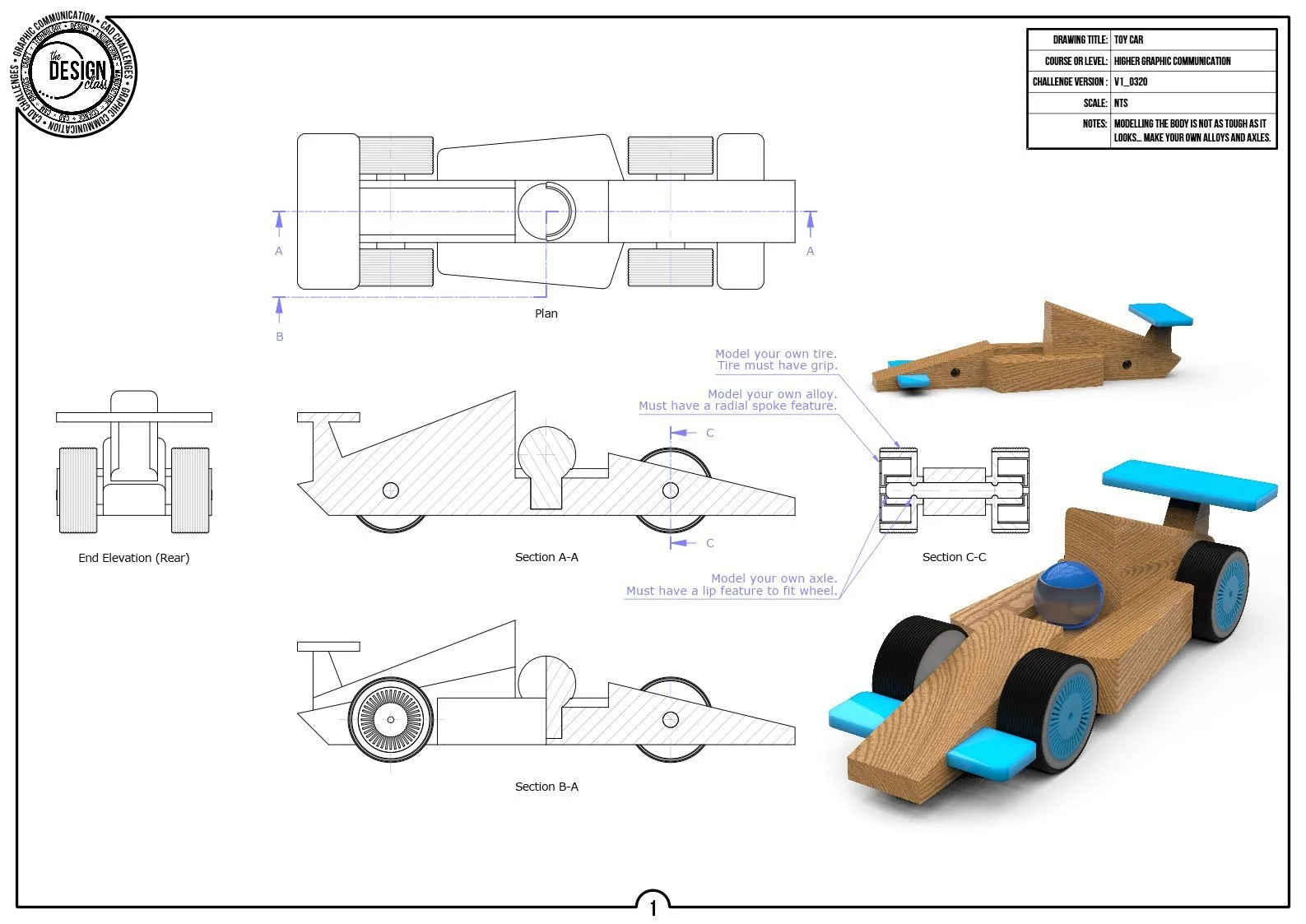 A technical drawing and physical model of a wooden toy race car with blue details, shown from multiple views including top, side, and section views, with annotations for customization.