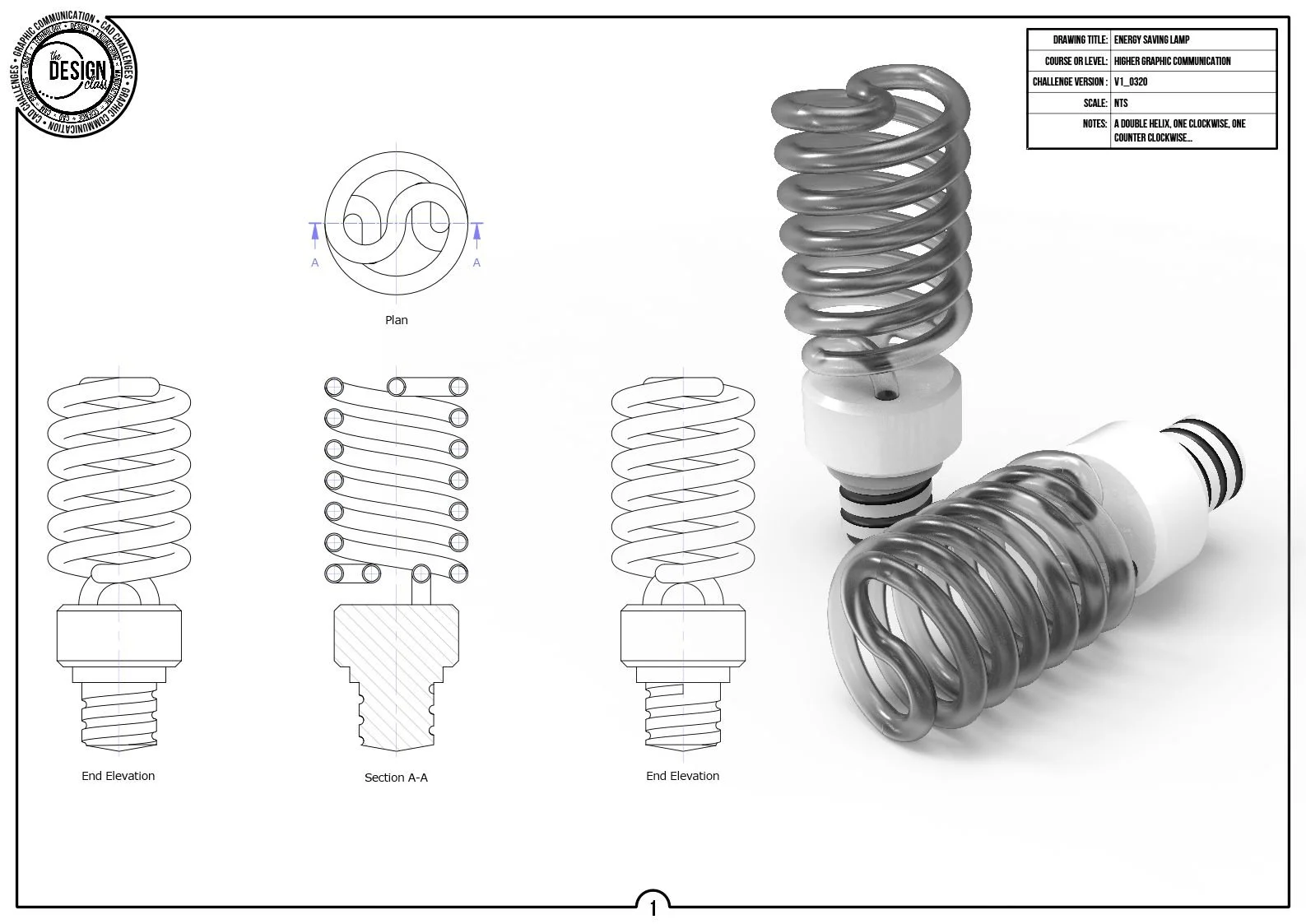 Technical drawing and 3D renderings of an energy-saving lamp with a spiral compact fluorescent bulb, including front view, section view, and exploded view, with annotations and title block.