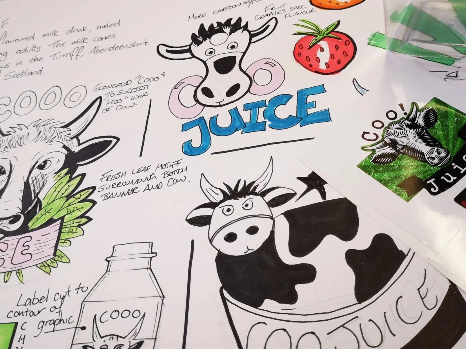 A series of the freehand sketches and explorations for a brand called 'Coo Juice'.