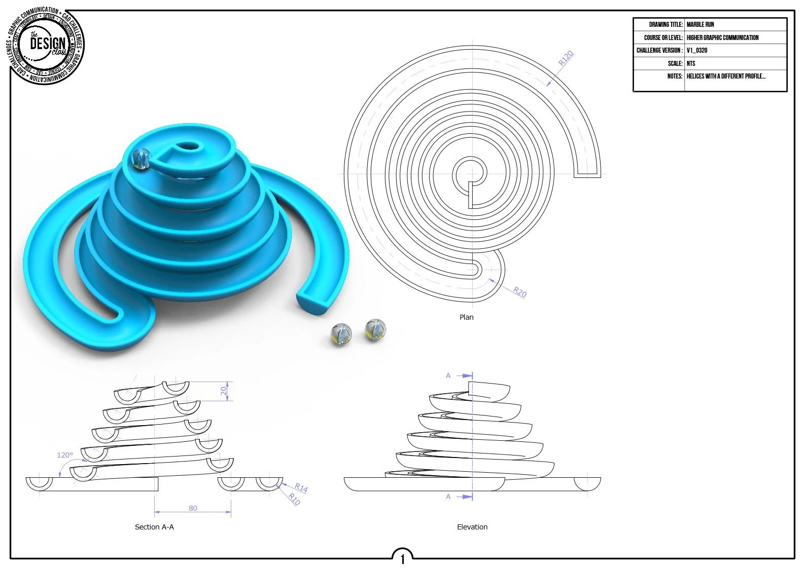 Technical drawing and 3D rendering of a blue marble run toy with concentric circular ramps, including plan, section, and elevation views.
