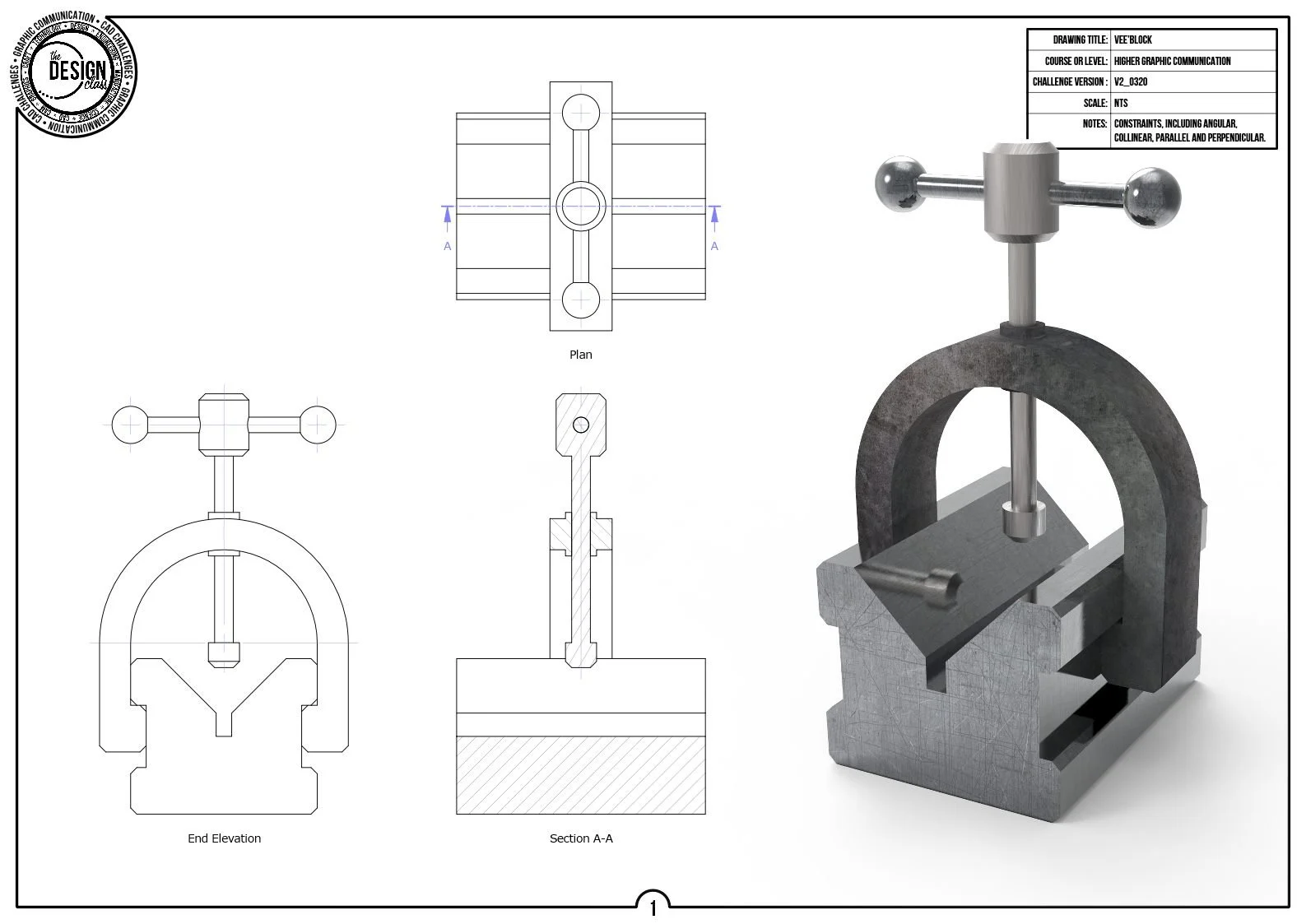 Technical drawing of a Vee Block with a 3D rendered model on the right. The drawing includes a plan view, end elevation, and a sectional view labeled Section A-A. The title block indicates the drawing title is 'Vee Block,' created for a higher graphic communication course, challenge version V2_0320, with constraints including angular, collinear, parallel, and perpendicular constraints.