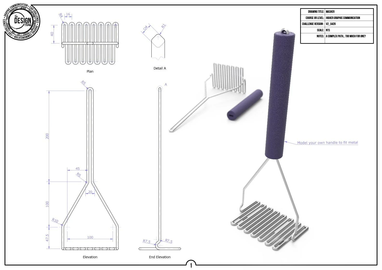 Technical drawing and 3D model of a kitchen utensil called a masher with dimensions, a foam handle, and a note to model your own handle to fit metal.