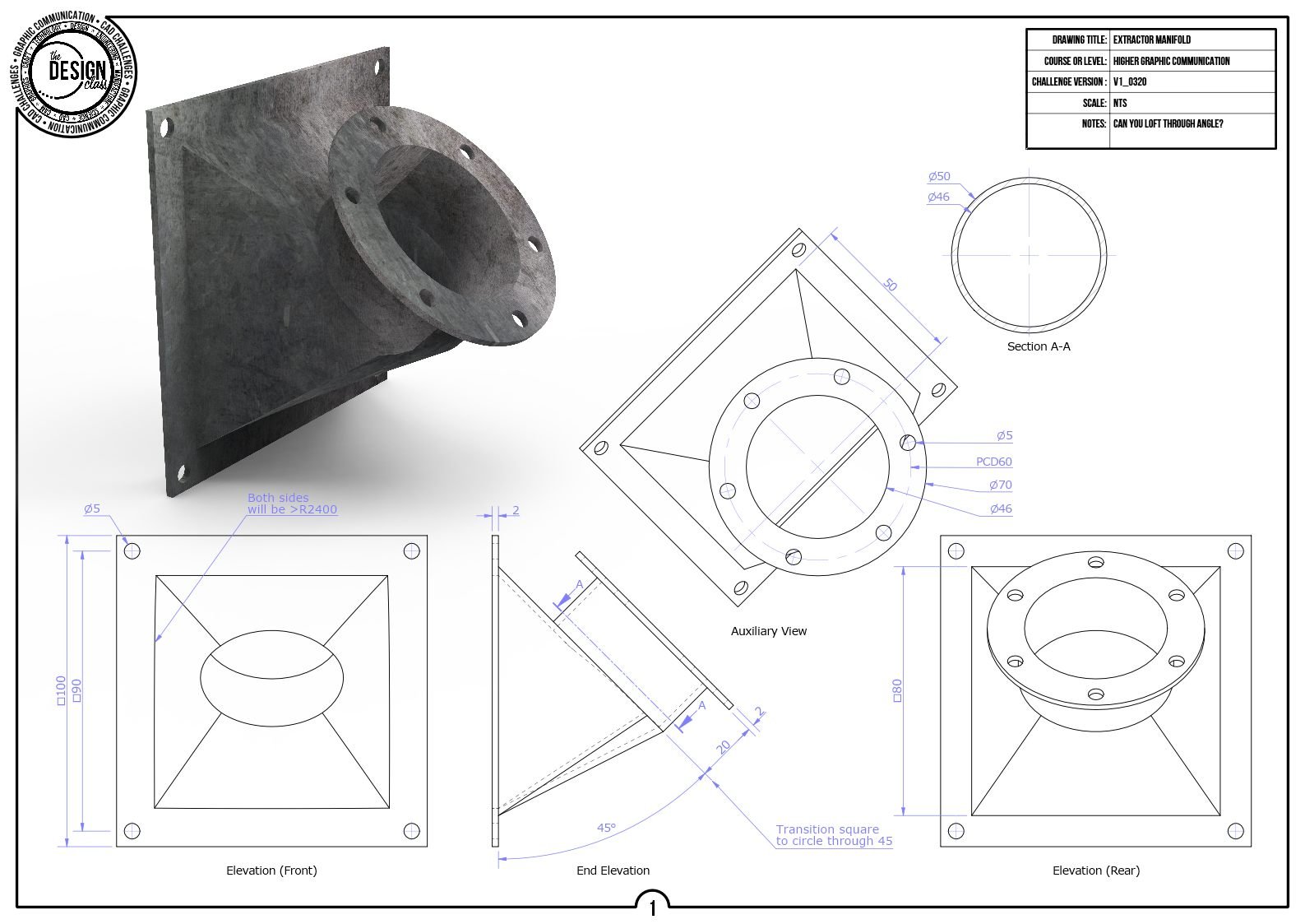 A technical drawing and 3D rendering of an extractor manifold, including multiple views, dimensions, and sectional views.