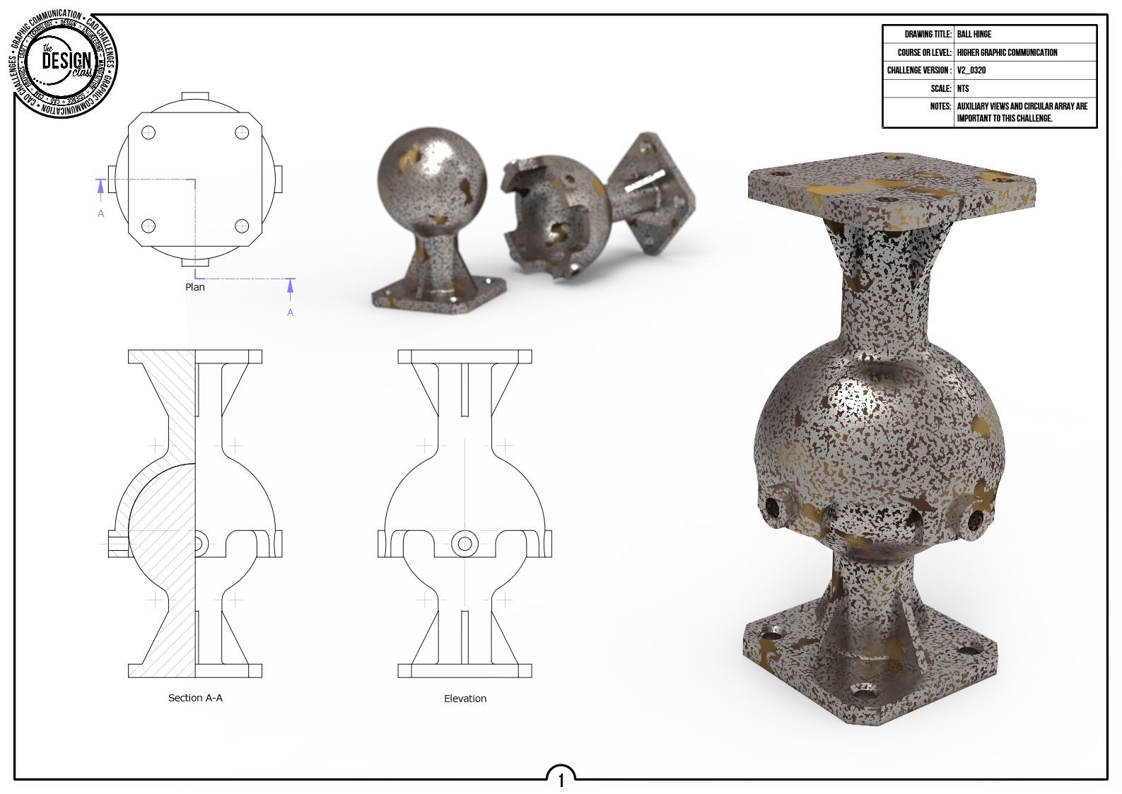 Technical drawing and real-world images of a metal ball hinge, showing detailed views, sectional and elevation views, with a rusty, weathered surface.