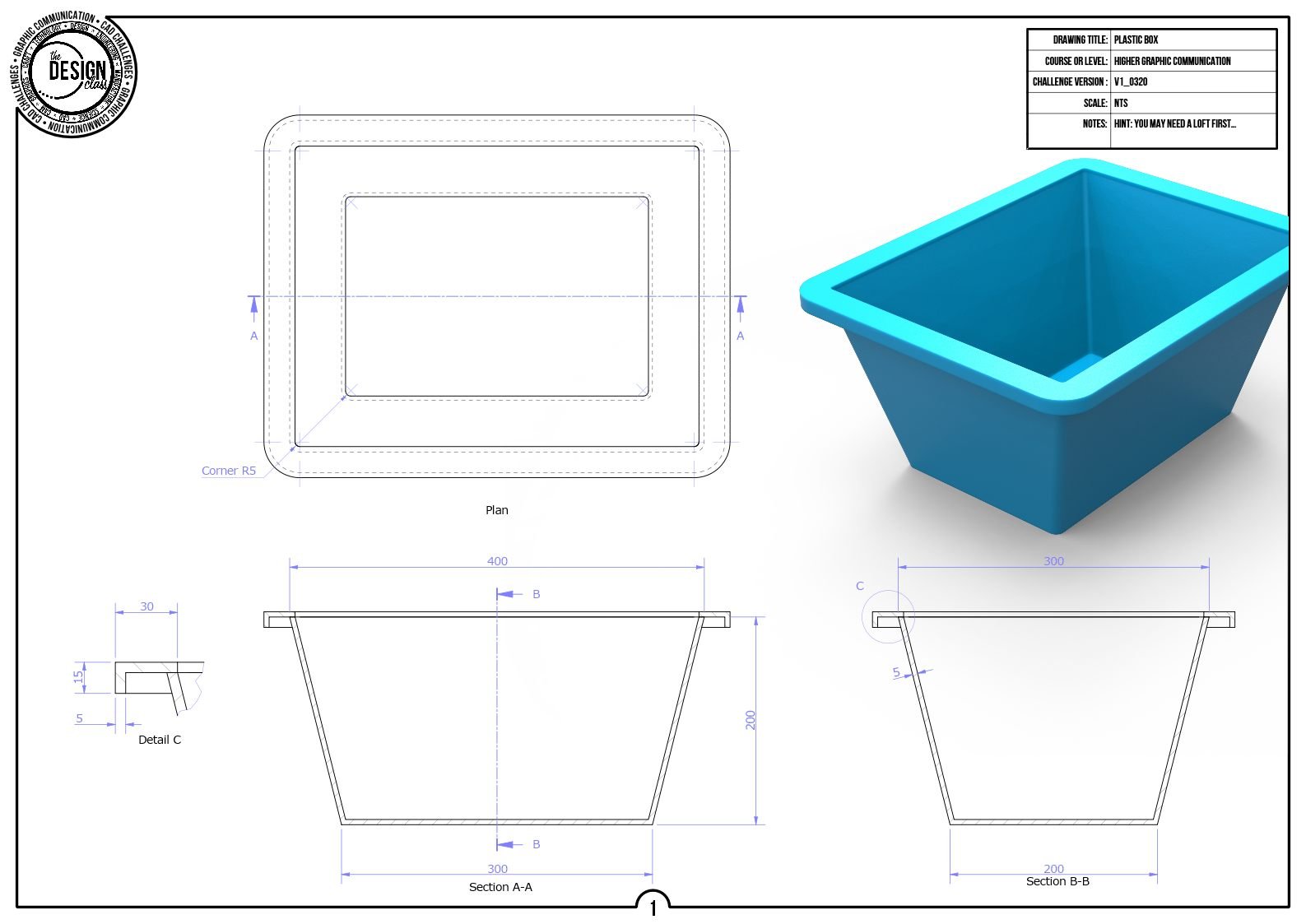 Technical drawing of a plastic box with measurements and a 3D rendering of a blue plastic container.