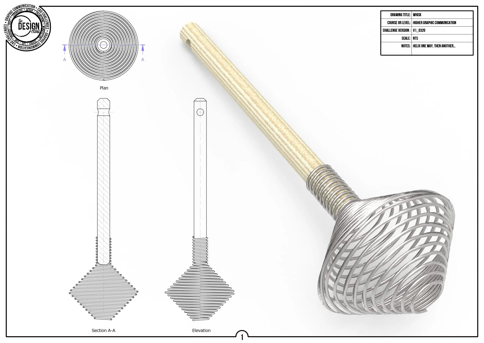 Technical drawing and 3D rendering of a whisk, showing top view, side elevation, section A-A, and a detailed 3D model of the whisk with a wooden handle and metal wire loops.